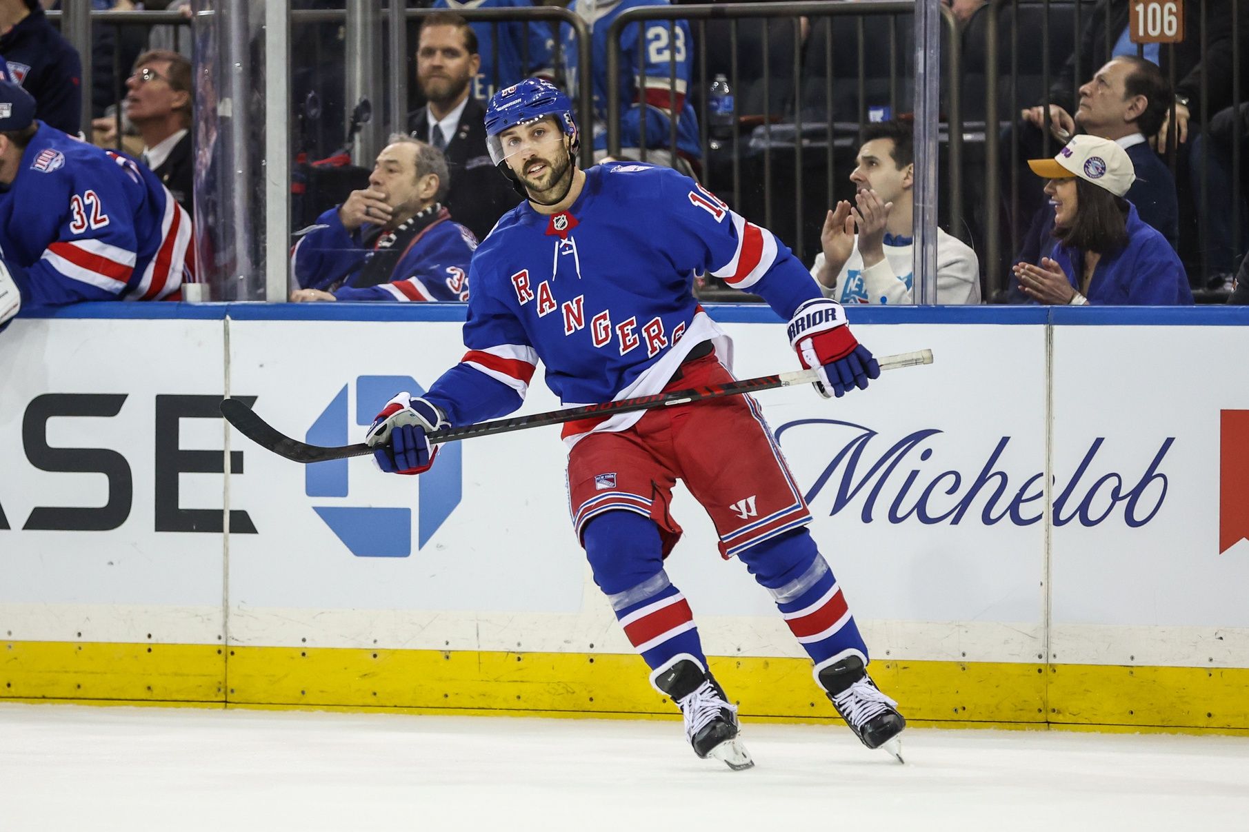 New York Rangers center Vincent Trocheck (16) reacts after scoring a goal during a shootout against the Pittsburgh Penguins at Madison Square Garden.