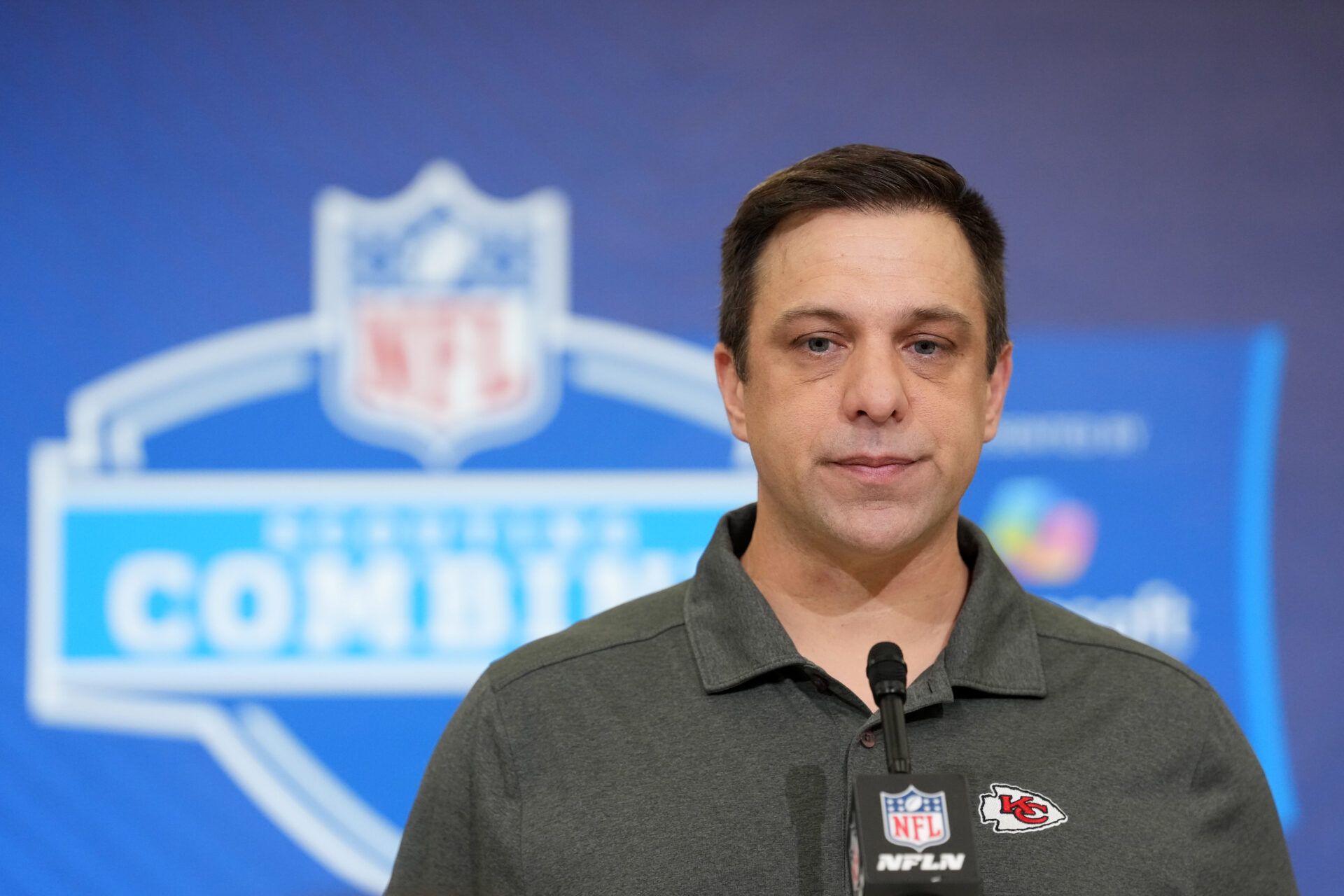Kansas City Chiefs general manager Brett Veach speaks at the NFL Scouting Combine at the Indiana Convention Center.