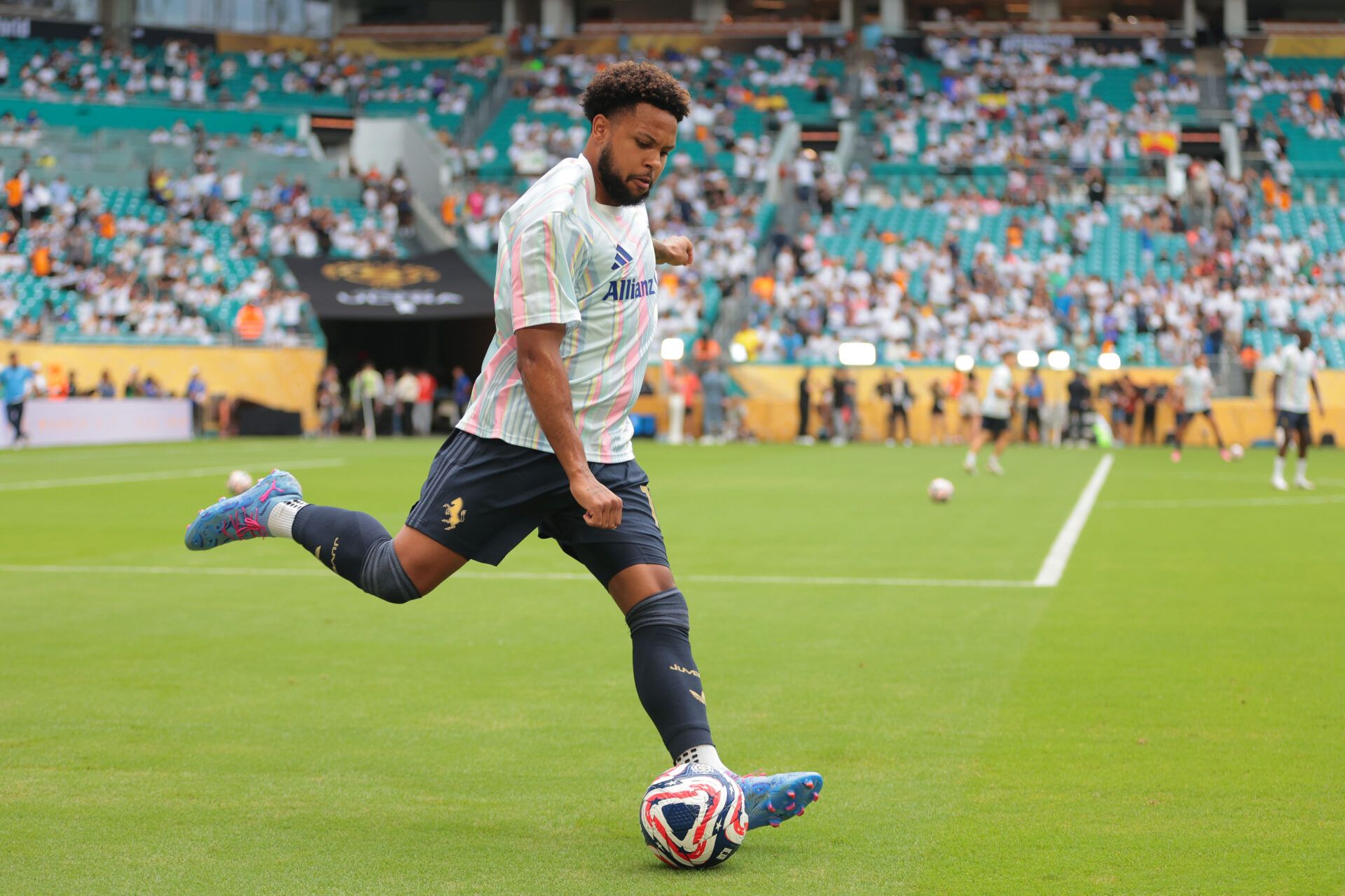 Juventus FC midfielder midfielder Weston Mckennie (16) practices before the match against Real Madrid C.F.during a round of 16 match of the 2025 FIFA Club World Cup at Hard Rock Stadium.