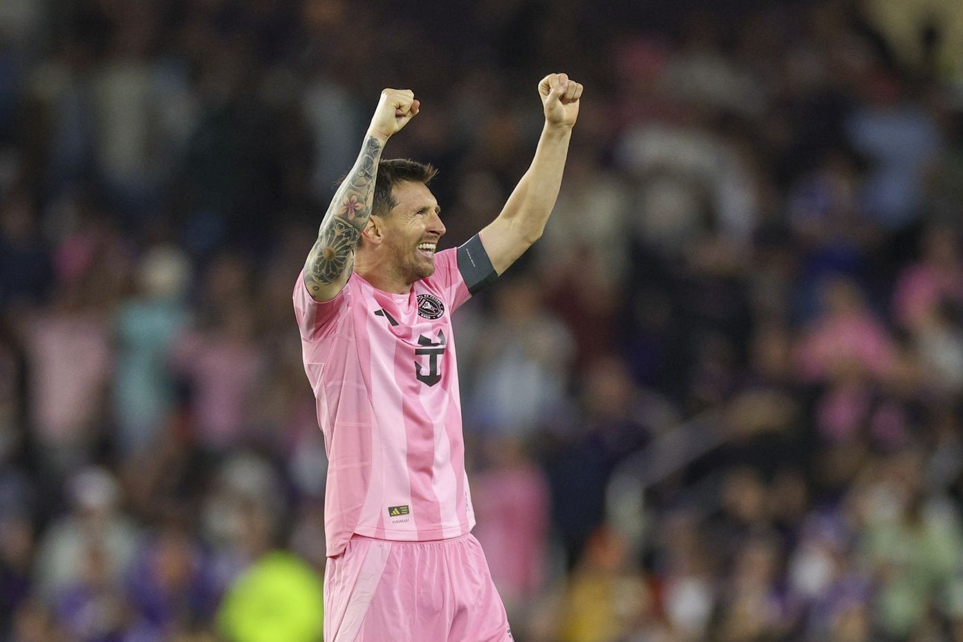 Inter Miami CF forward Lionel Messi (10) reacts after scoring a goal against Orlando City in the second half at Inter&Co Stadium.