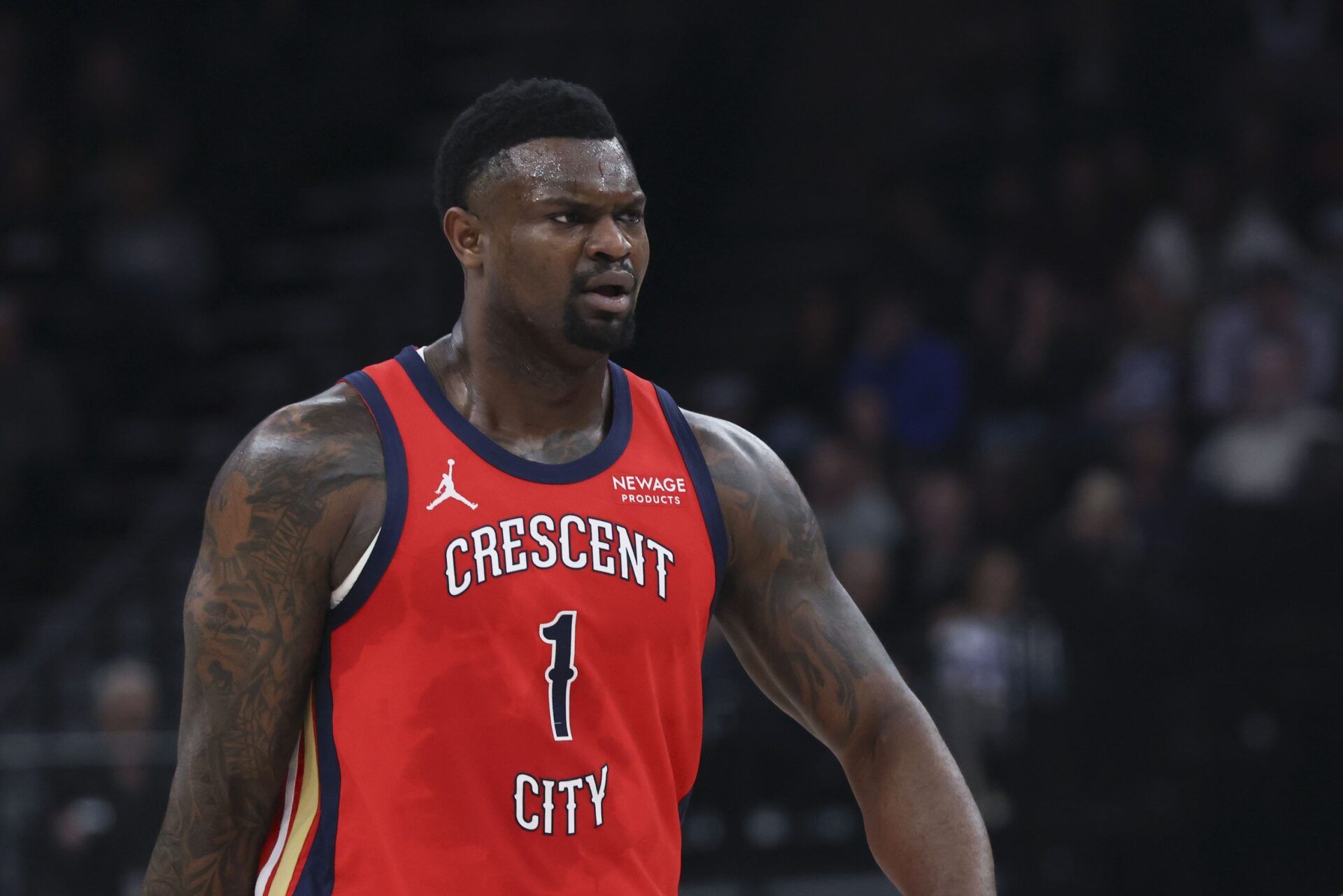 New Orleans Pelicans forward Zion Williamson (1) reacts after a play against the Utah Jazz during the first half at Delta Center.