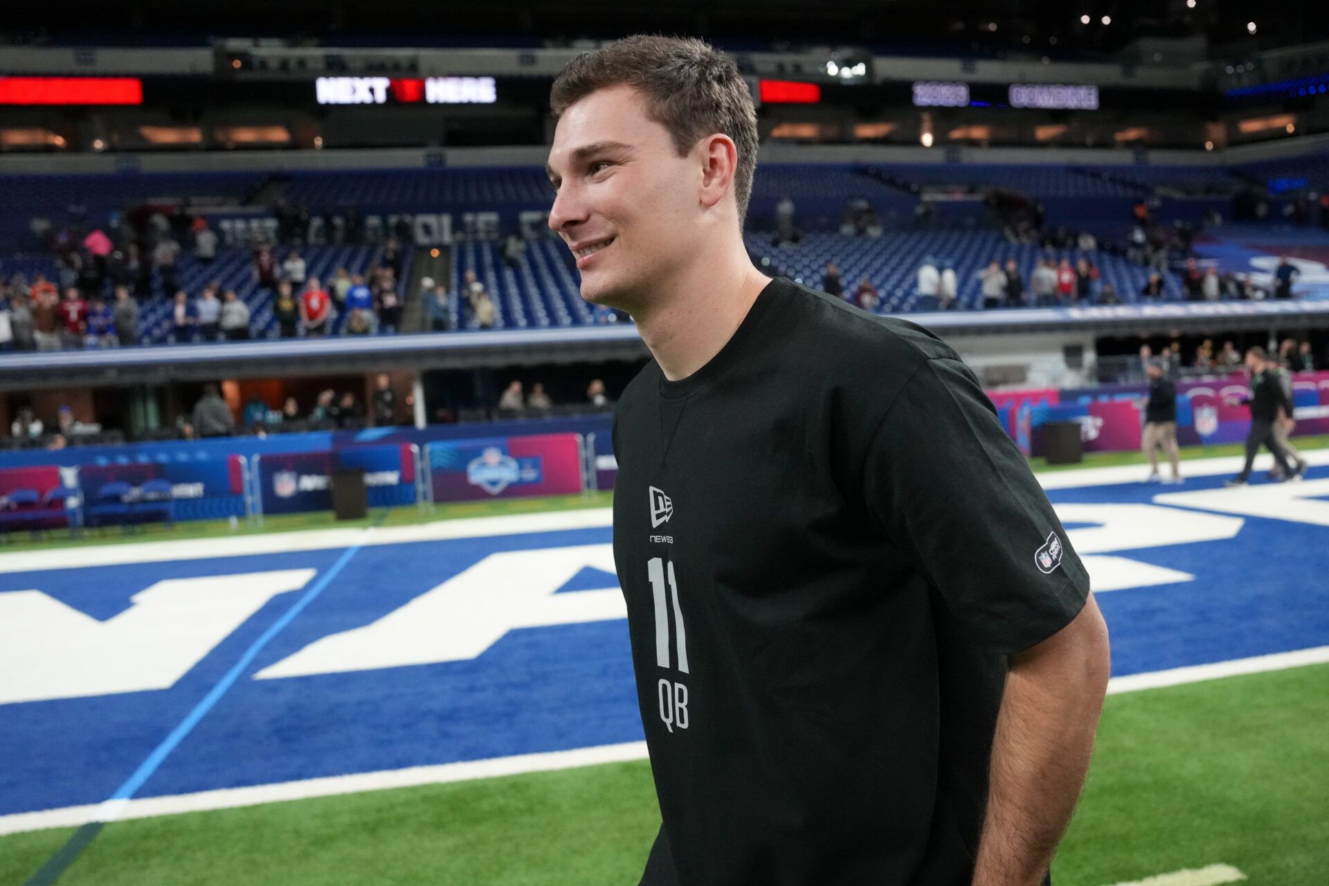 Indiana quarterback Fernando Mendoza (QB11) looks on during the NFL Scouting Combine at Lucas Oil Stadium.