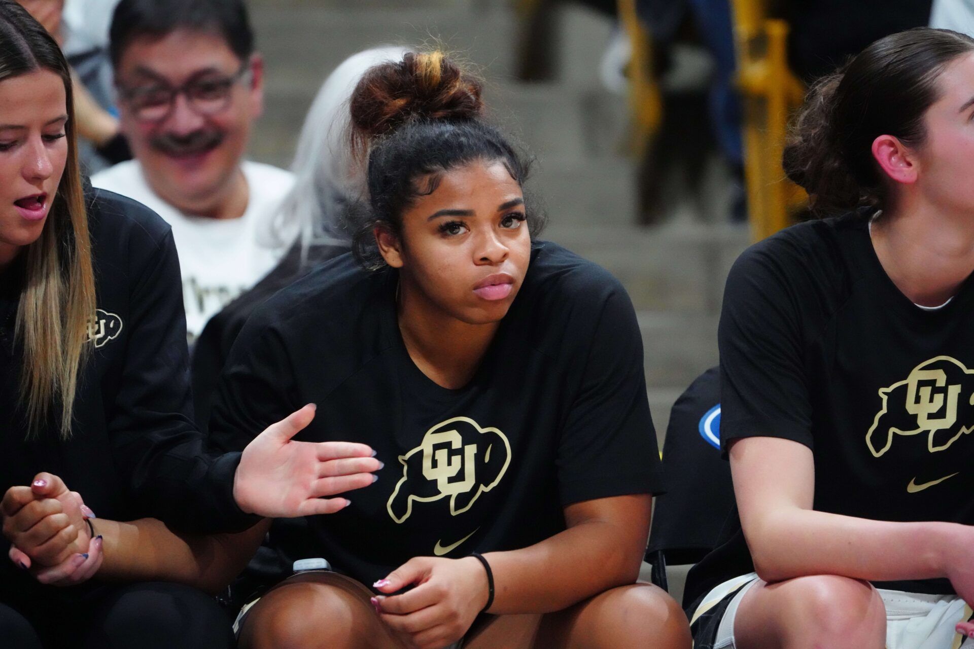 Colorado Buffaloes guard Shelomi Sanders (22) on the bench in the fourth quarter against the UCLA Bruins at the CU Events Center. Mandatory Credit: Ron Chenoy-USA TODAY Sports
v11
