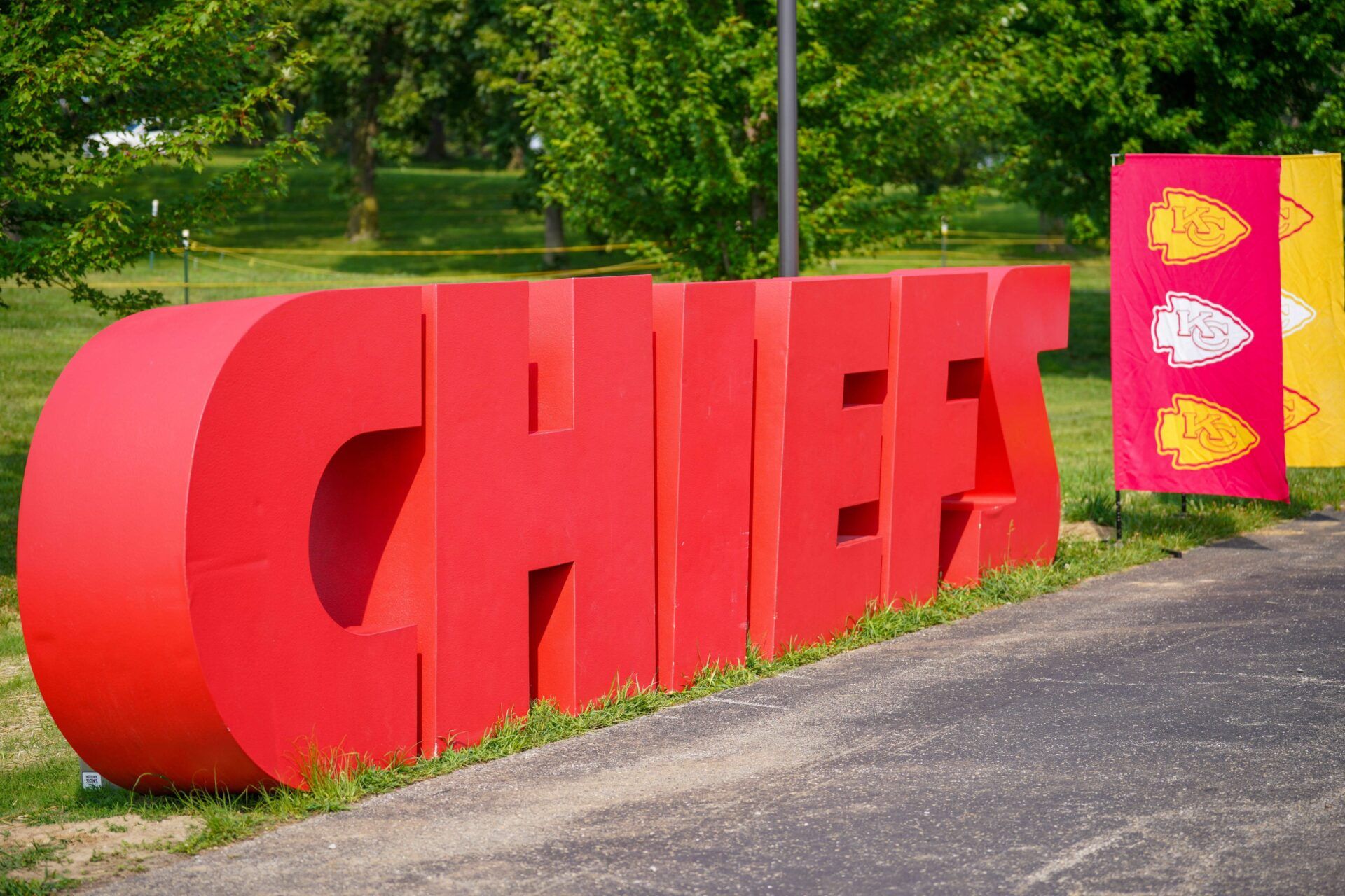 A general view of large logo letters setup for fan photos during training camp at Missouri Western State University.