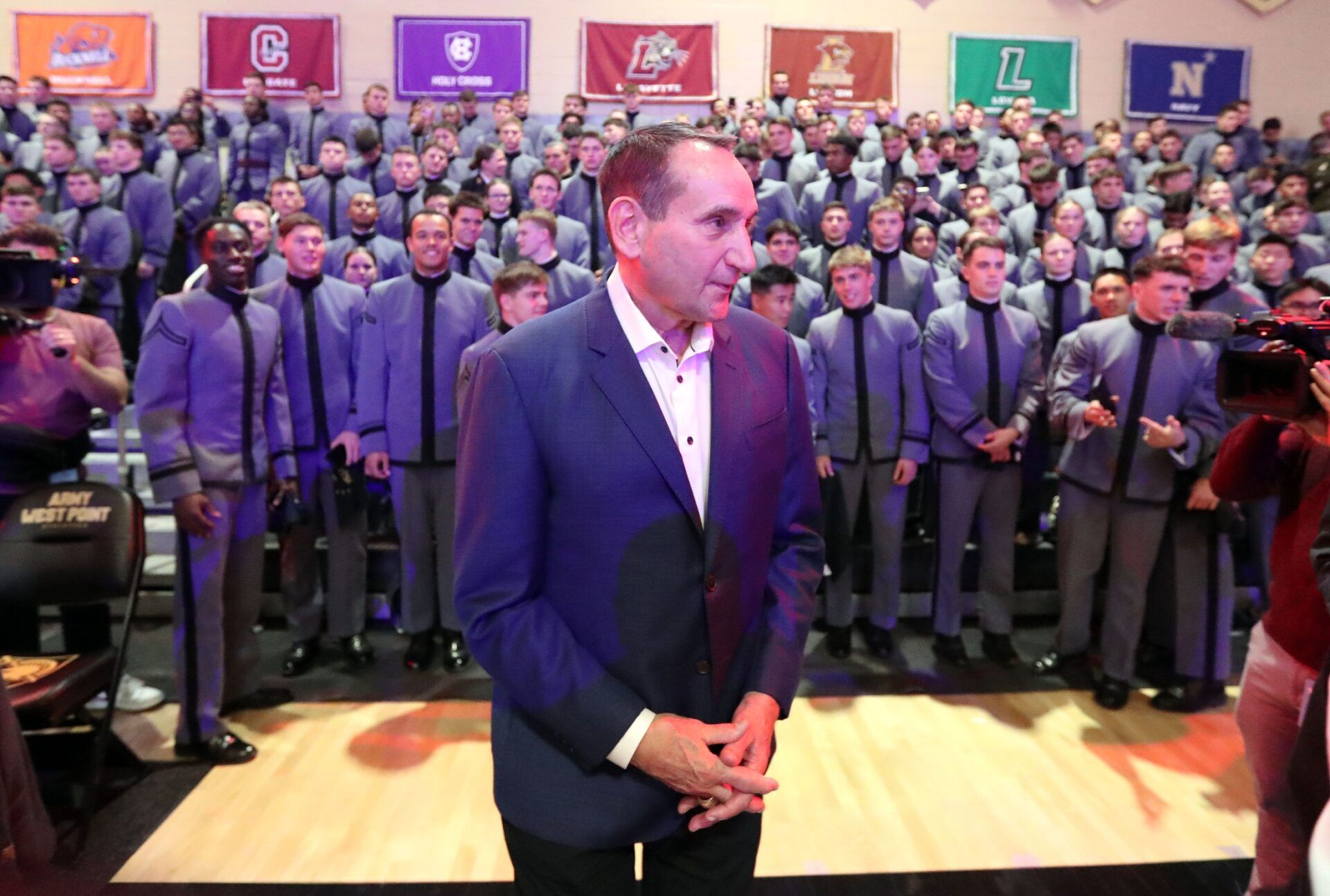 Former Duke Blue Devils and Army head coach Mike Krzyzewski is honored by West Point before a game between the Army Black Knights and Duke Blue Devils at Christl Arena.