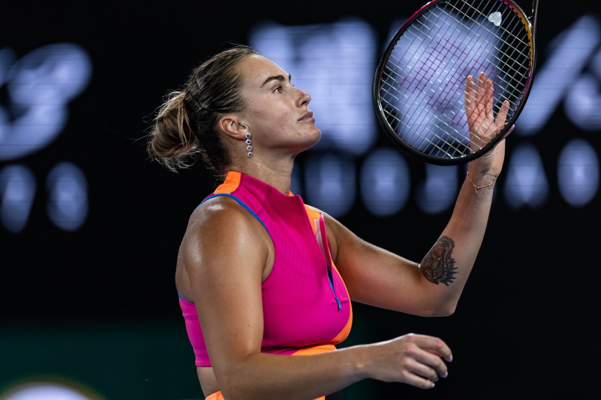 Aryna Sabalenka in action against Elena Rybakina of Kazakhstan in the final of the womens singles at the Australian Open at Rod Laver Arena in Melbourne Park.