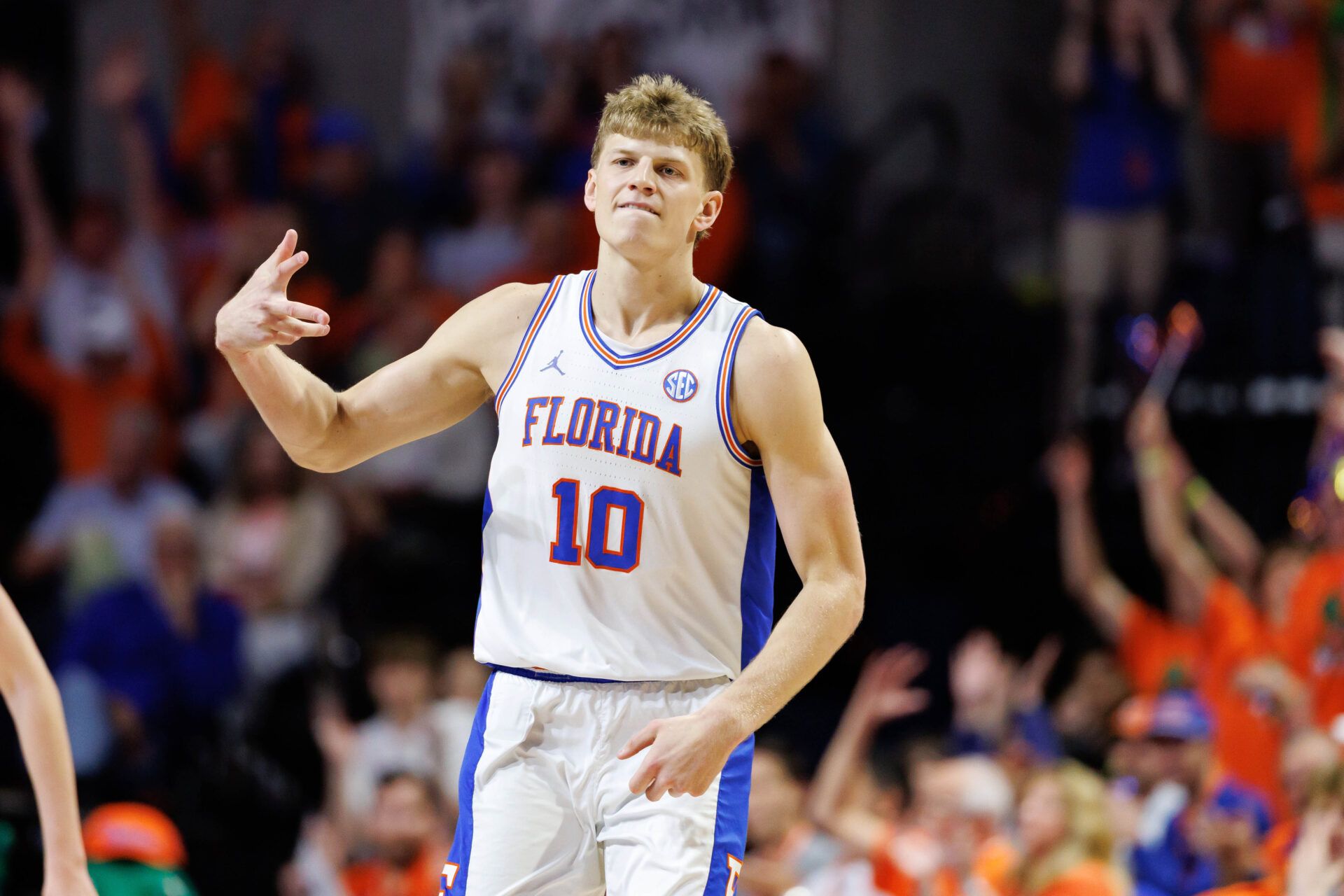 Florida Gators forward Thomas Haugh (10) gestures after making a three point basket against the Kentucky Wildcats during the first half at Exactech Arena at the Stephen C. O'Connell Center.