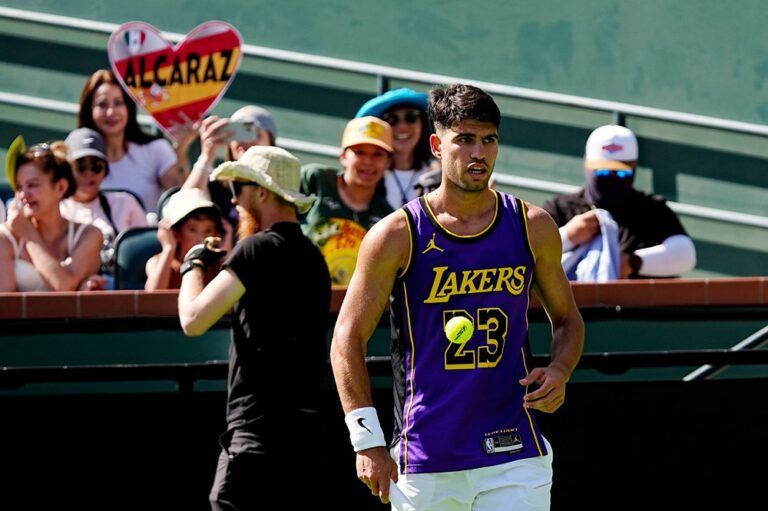 Carlos Alcaraz practices on Stadium 1 during the BNP Paribas Open in Indian Wells, Calif., on Monday, March 2, 2026.