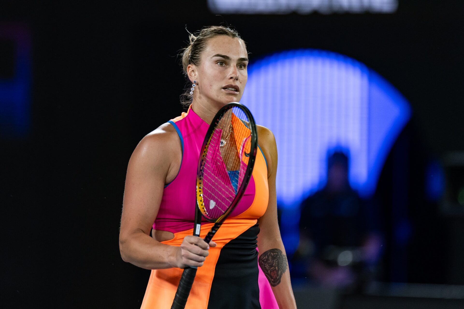 Aryna Sabalenka in action against Elena Rybakina of Kazakhstan in the final of the womens singles at the Australian Open at Rod Laver Arena in Melbourne Park.