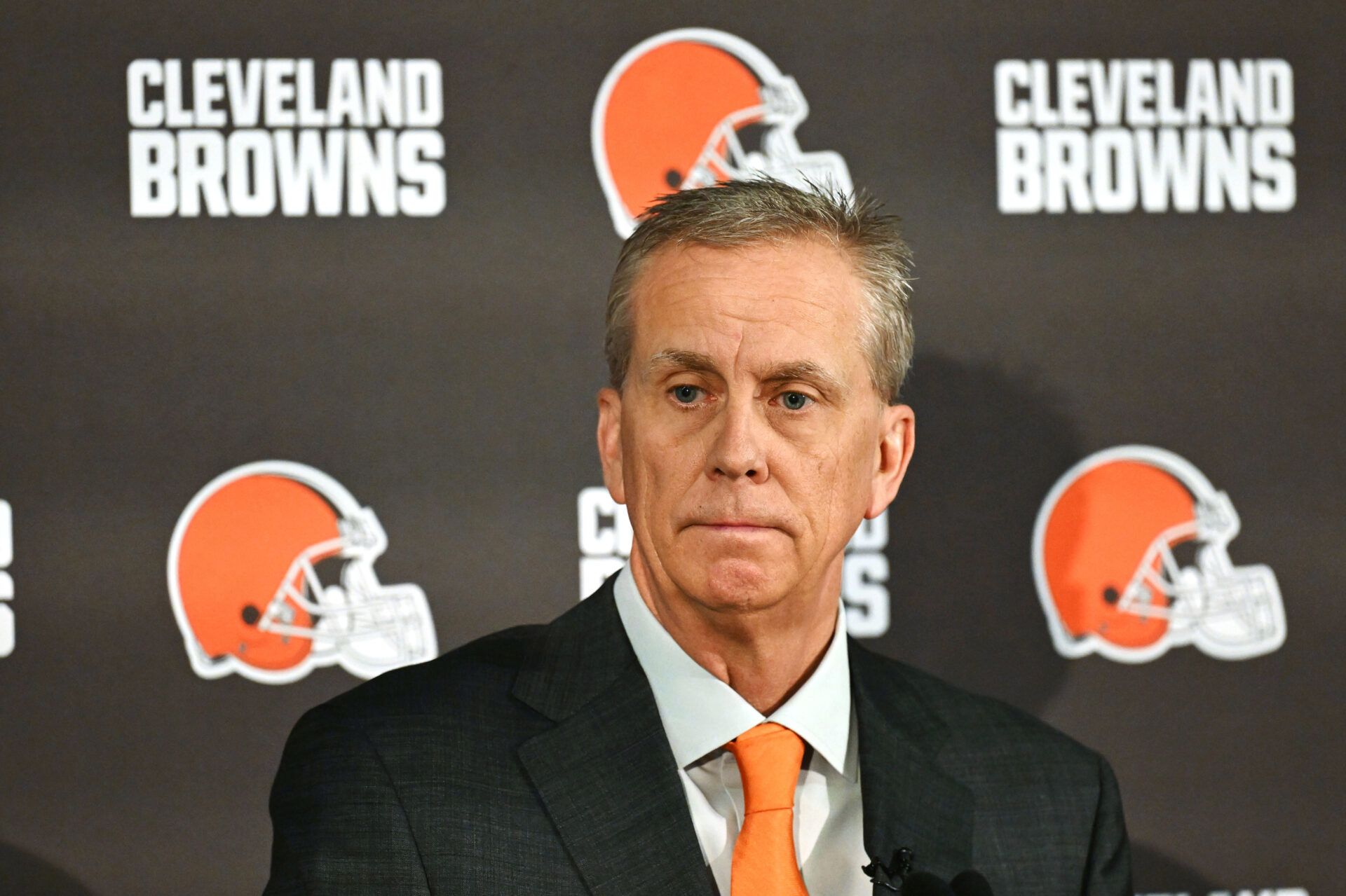 Cleveland Browns head coach Todd Monken speaks to the media during an introductory press conference at CrossCountry Mortgage Campus.