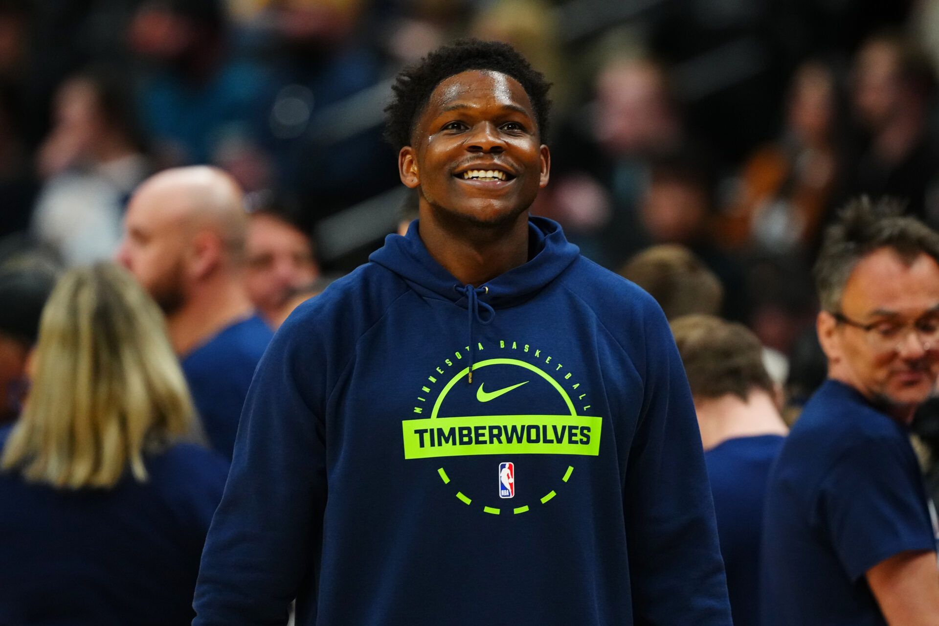 Minnesota Timberwolves guard Anthony Edwards (5) reacts before the game against the Denver Nuggets Ball Arena.