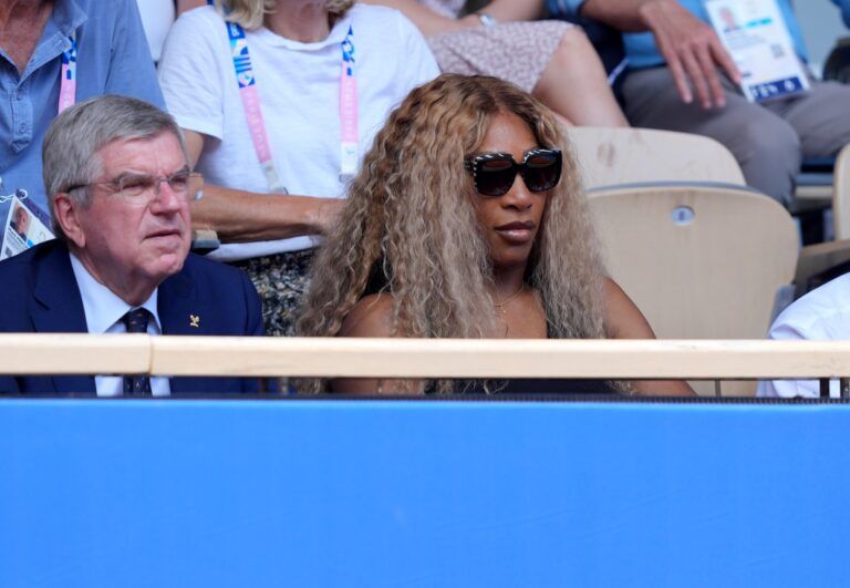 Serena Williams watches the men’s singles gold medal match with IOC president Thomas Bach during the Paris 2024 Olympic Summer Games at Stade Roland Garros.
