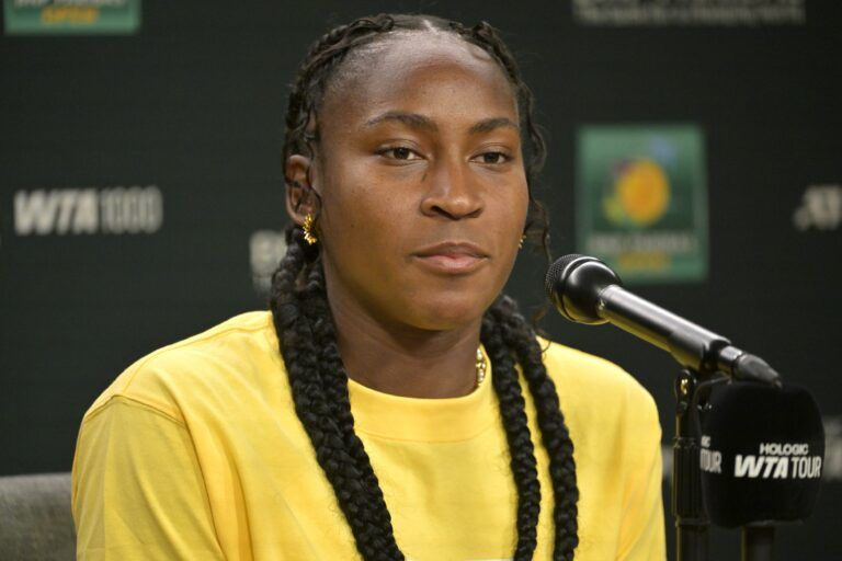 Coco Gauff (USA) talks to the media during a news conference during the BNP Paribas Open at the Indian Well Tennis Garden.