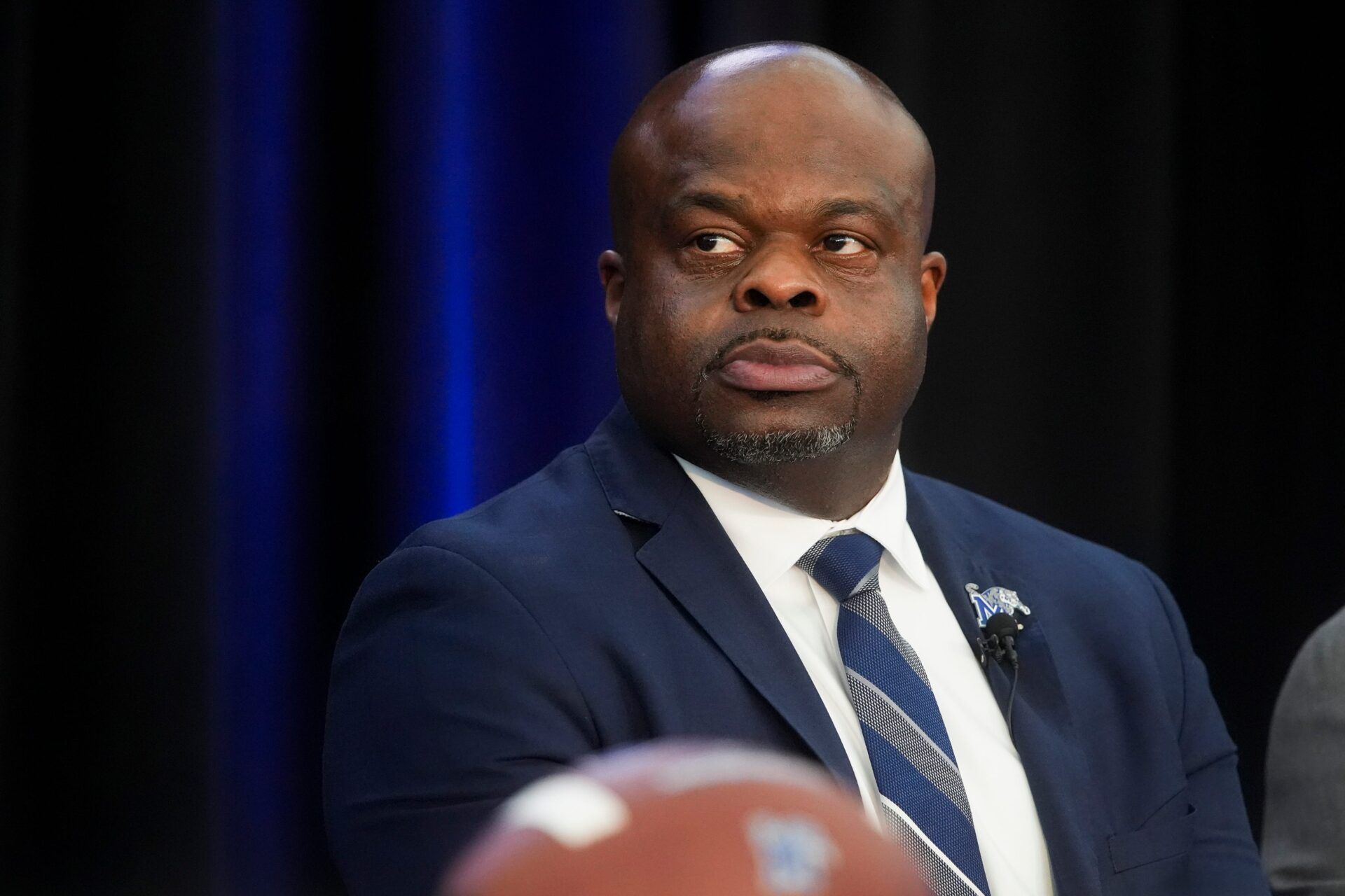 Charles Huff looks on as he is introduced as the head coach for the University of Memphis football team during a press conference at Billy J. Murphy Athletic Complex in Memphis, Tenn., on December 10, 2025.