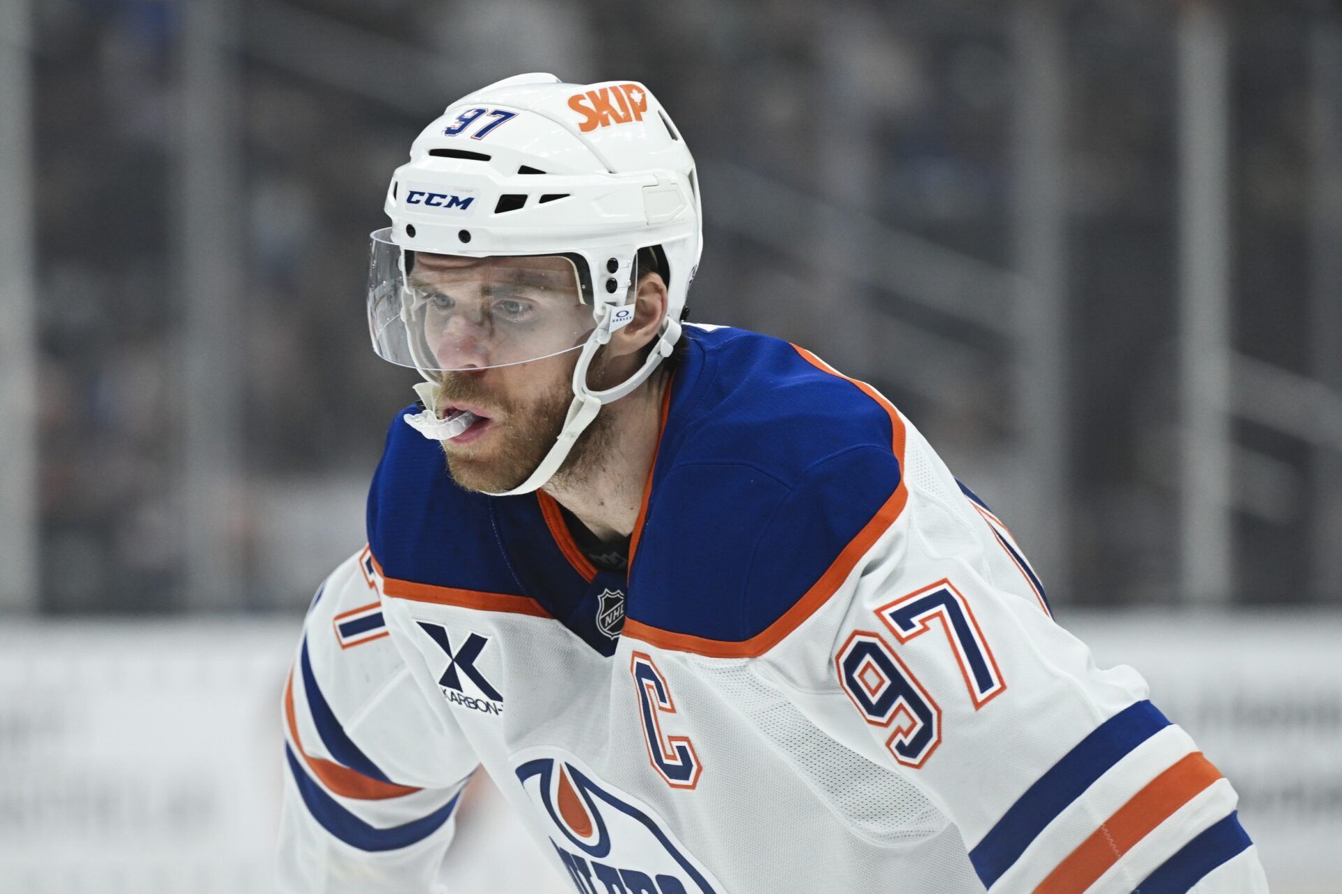 Edmonton Oilers center Connor McDavid (97) is seen on the ice during the first period against the Los Angeles Kings at Crypto.com Arena.