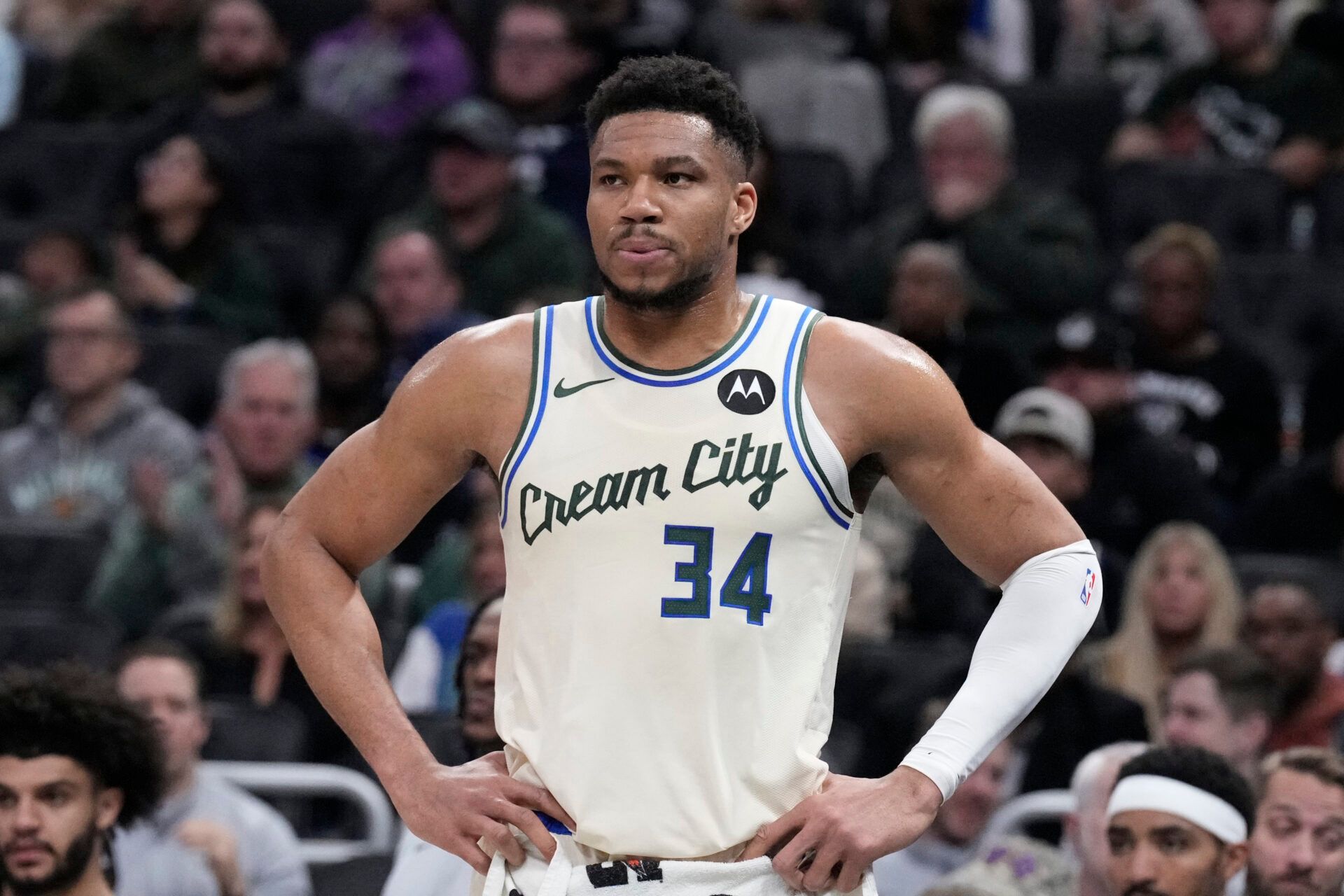 Milwaukee Bucks forward Giannis Antetokounmpo (34) watches the end of the second quarter from the bench against the Boston Celtics at Fiserv Forum.
