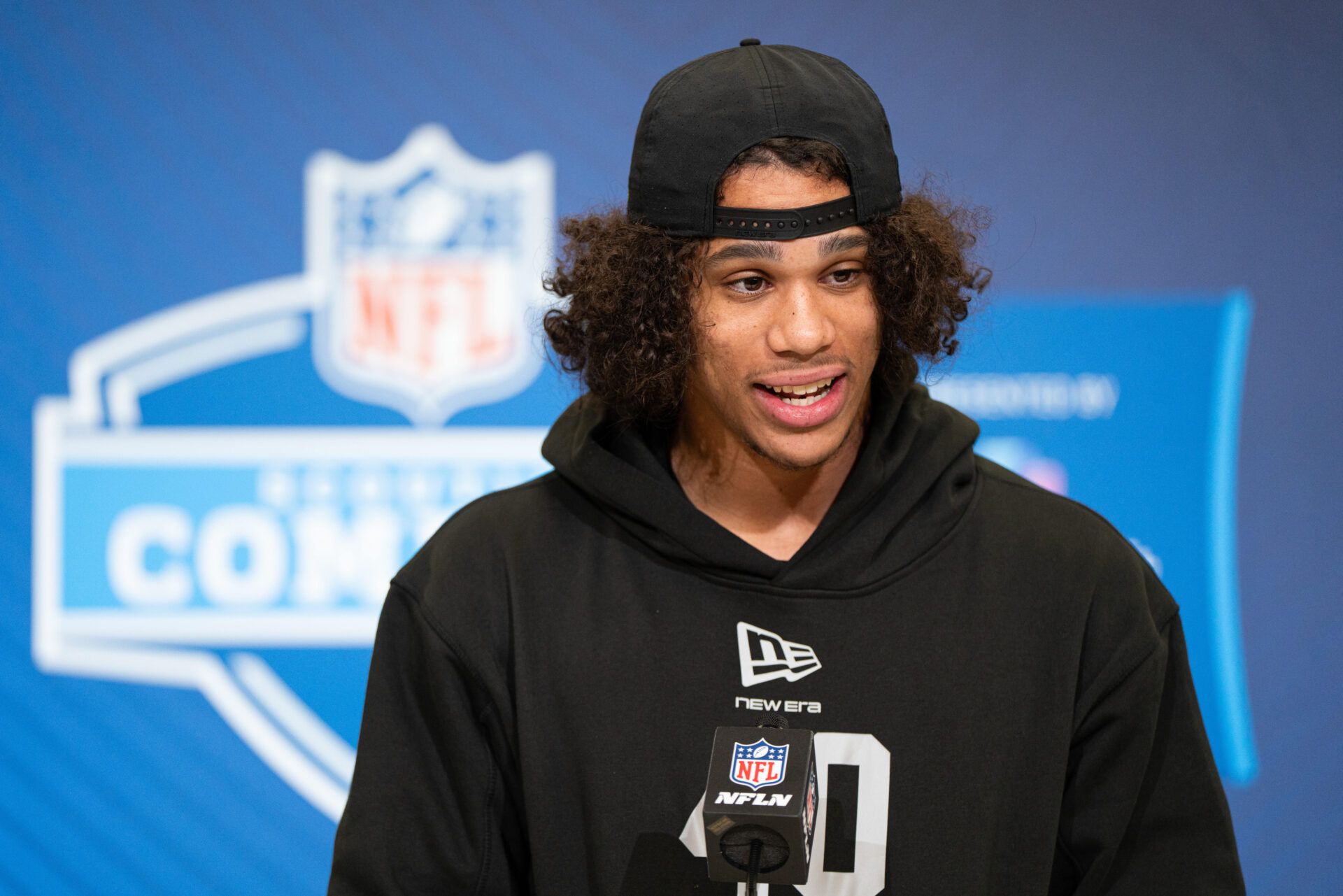Arizona State wideout Jordyn Tyson (WO40) speaks to members of the media during the NFL Combine at the Indiana Convention Center.