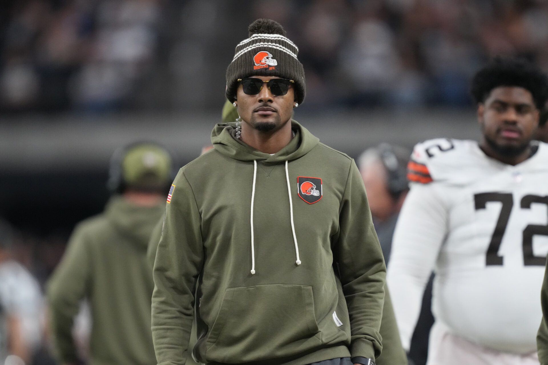 Cleveland Browns quarterback Deshaun Watson watches on the sidelines against the Las Vegas Raiders in the second half at Allegiant Stadium.
