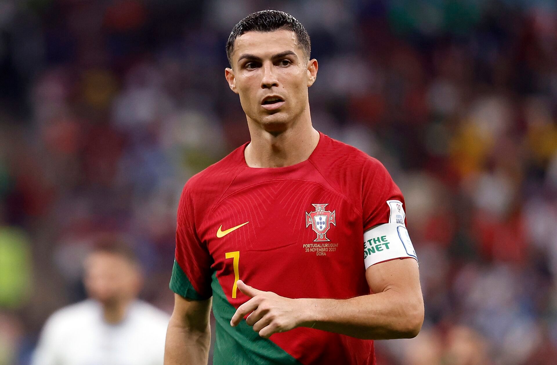 Portugal forward Cristiano Ronaldo (7) against Uruguay during the second half of the group stage match in the 2022 World Cup at Lusail Stadium.