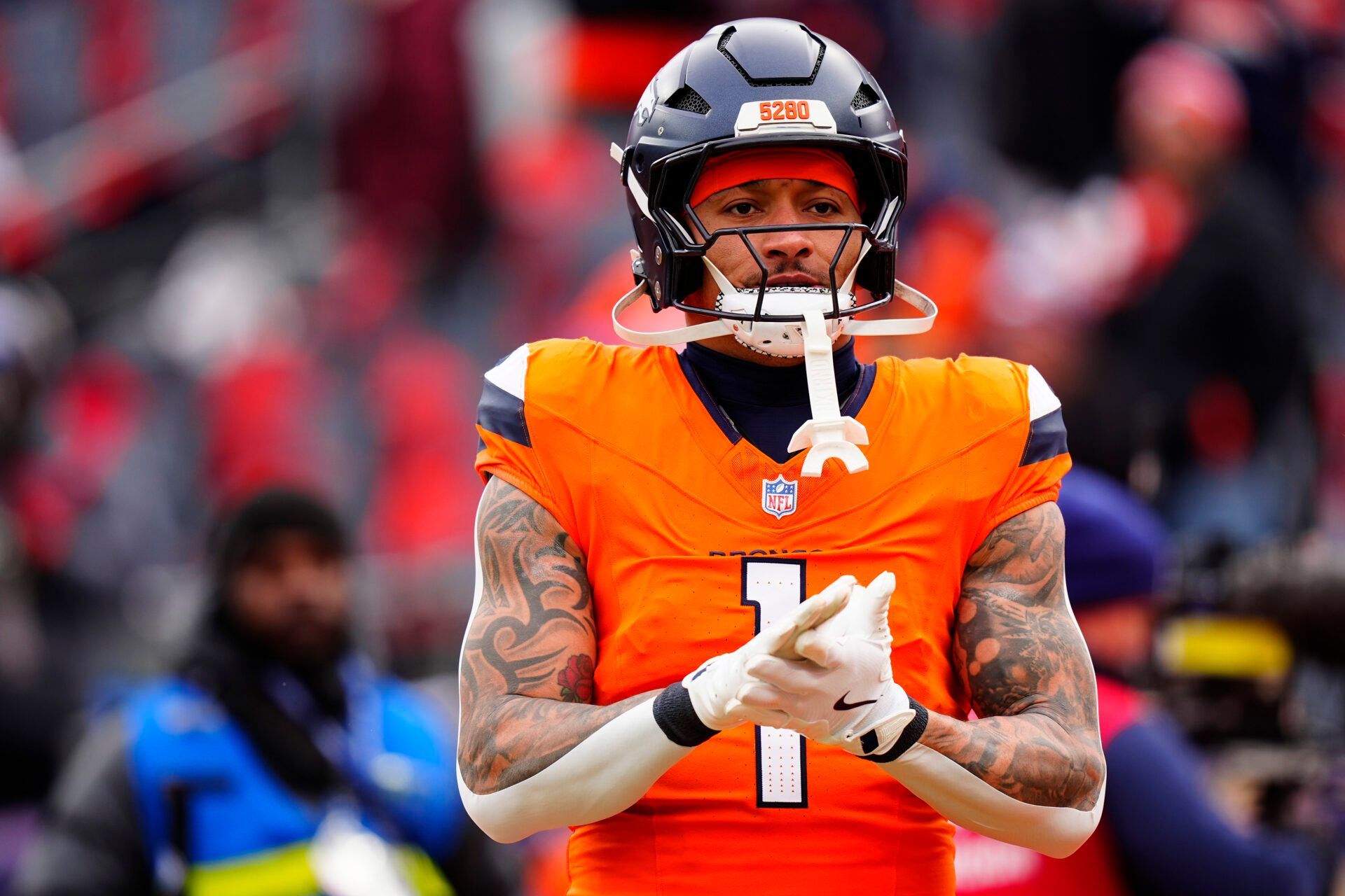 Denver Broncos tight end Evan Engram (1) practices before the 2026 AFC Championship Game at Empower Field at Mile High.