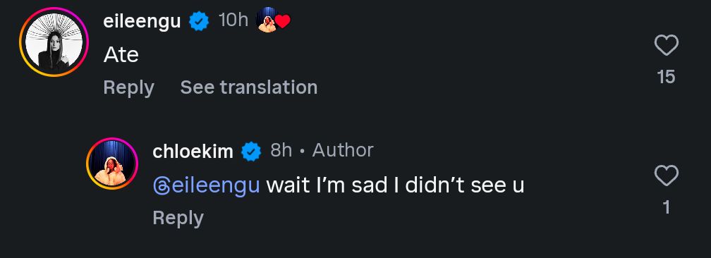 Eileen Gu's comment under Chloe Kim's post