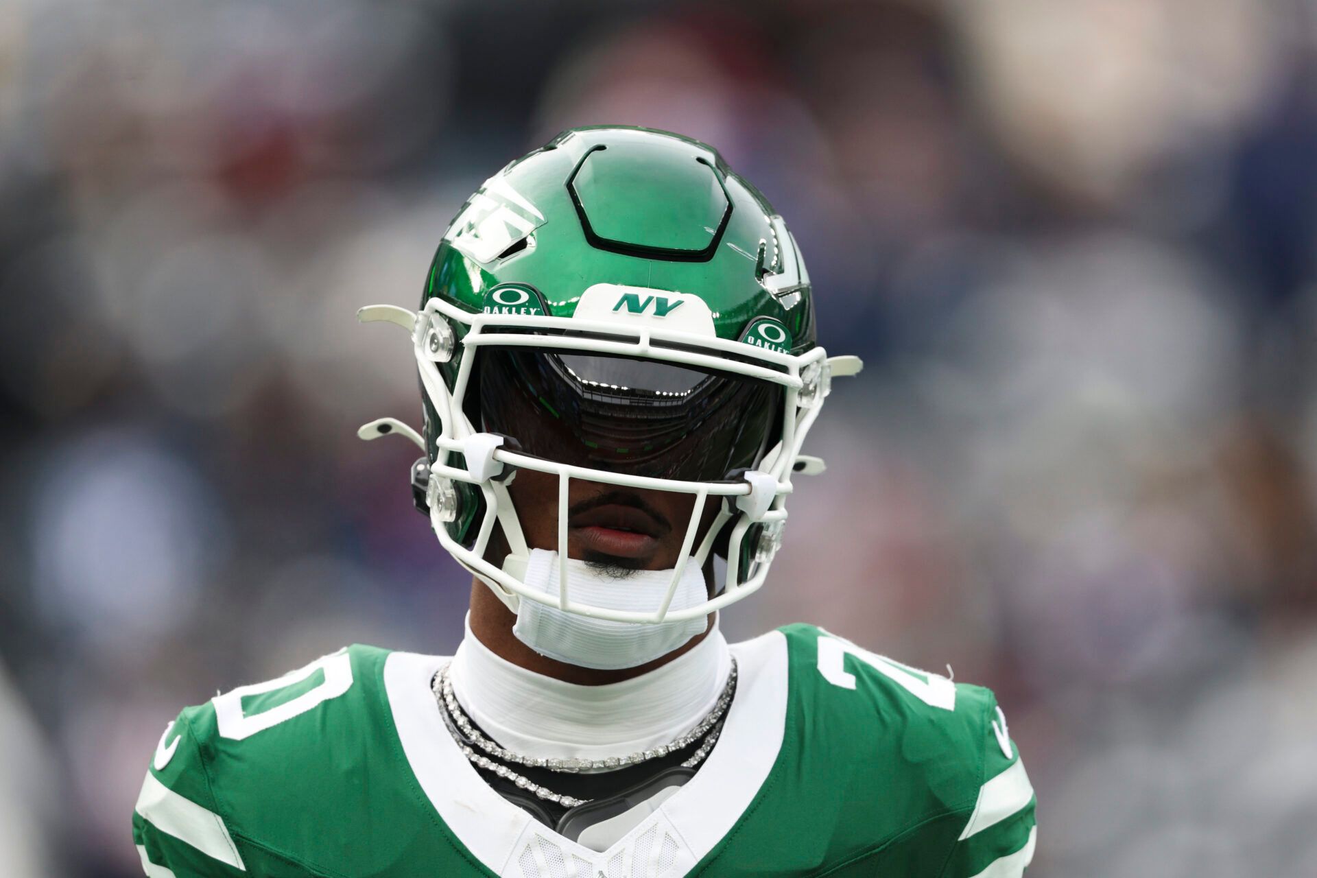 New York Jets running back Breece Hall (20) prior to the game against the New England Patriots at MetLife Stadium.