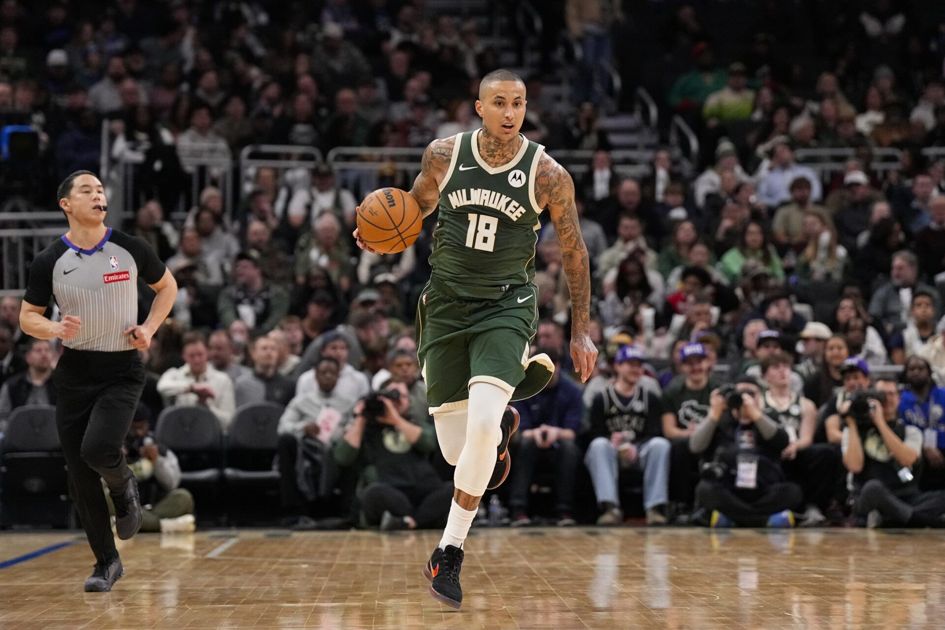 Milwaukee Bucks forward Kyle Kuzma (18) during the game against the Cleveland Cavaliers at Fiserv Forum.