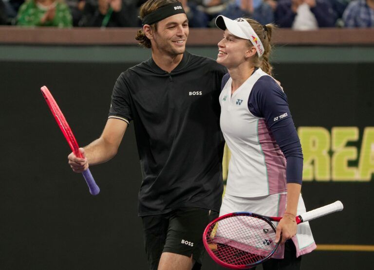 Elena Rybakina, right, and Taylor Fritz celebrate winning the Eisenhower Cup Tie Break Tens during the BNP Paribas Open in Indian Wells, Calif., March 4, 2025 (Image via Imagn).