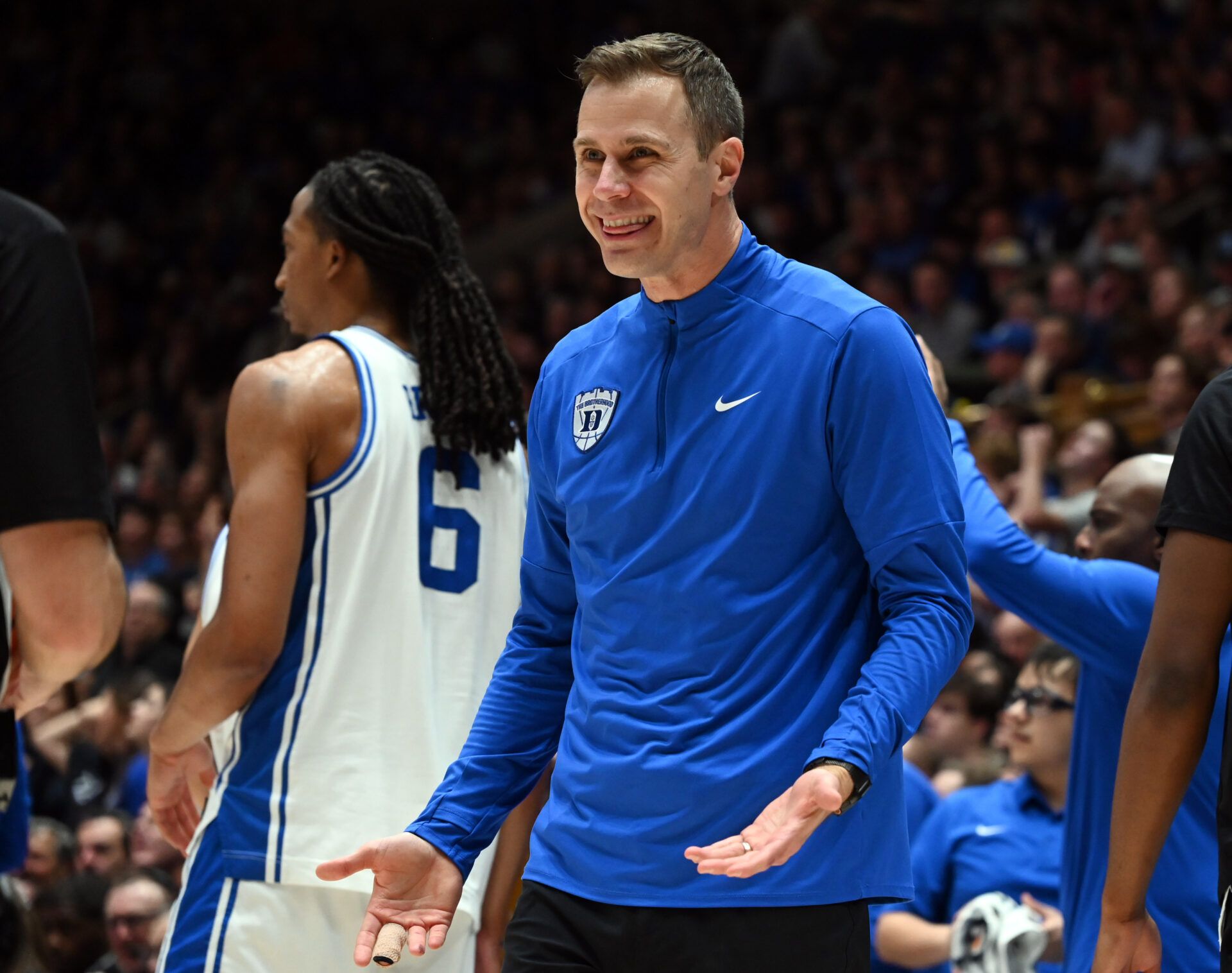 Duke Blue Devils head coach Jon Scheyer reacts to a call during the second half against the Virginia Cavaliers at Cameron Indoor Stadium.   Duke won 77-51.