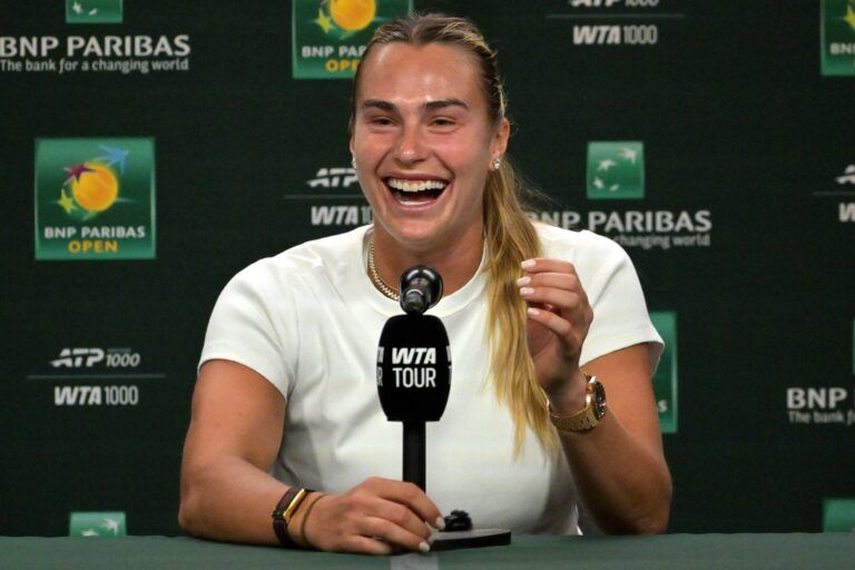 Aryna Sabalenka (BEL) speaks to the media at a news conference during the BNP Paribas Open at the Indian Wells Tennis Garden.