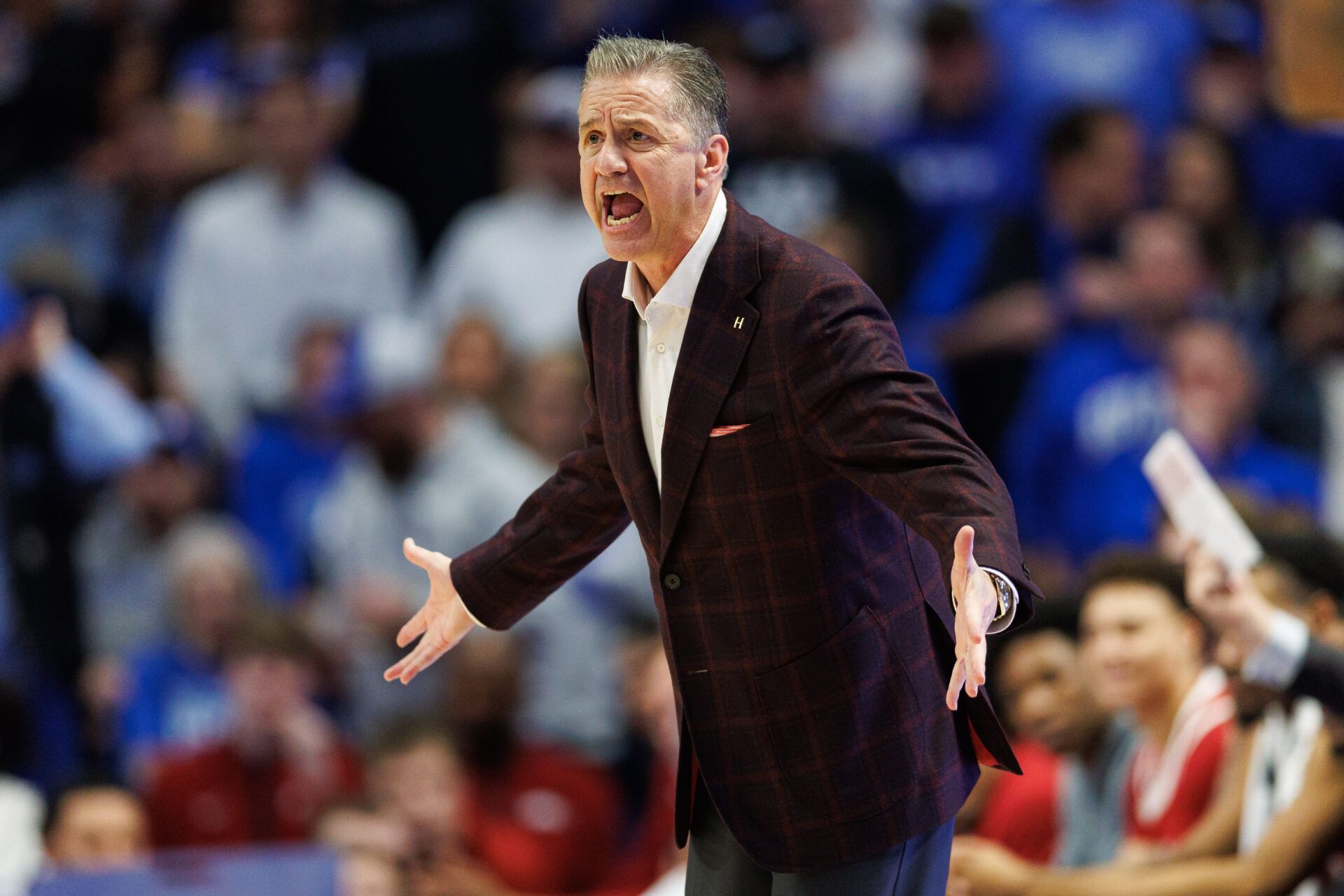 Arkansas Razorbacks head coach John Calipari yells at a referee during the first half against the Kentucky Wildcats at Rupp Arena at Central Bank Center.