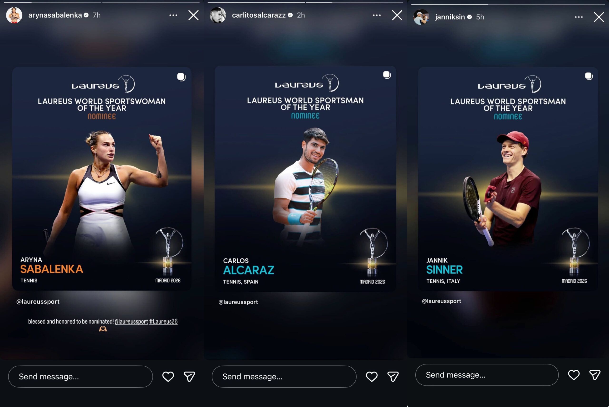 Screen grab of Aryna Sabalenka, Carlos Alcaraz and Jannik Sinner's Instagram stories 