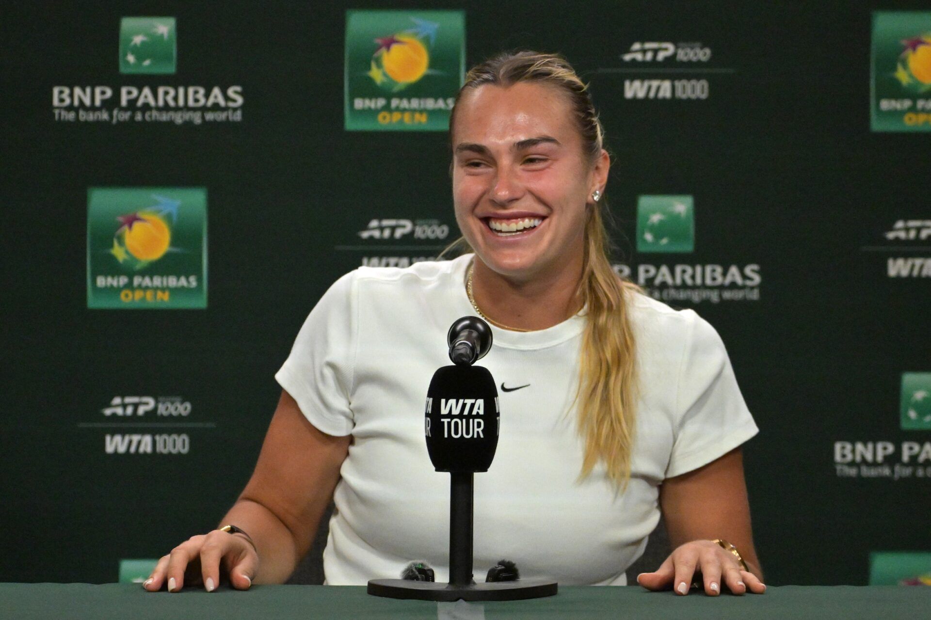Aryna Sabalenka (BEL) speaks to the media at a news conference during the BNP Paribas Open at the Indian Wells Tennis Garden.