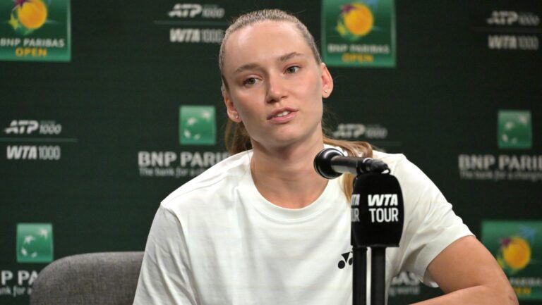 Elena Rybakina (KAZ) speaks to the media at a news conference during the BNP Paribas Open at the Indian Wells Tennis Garden.