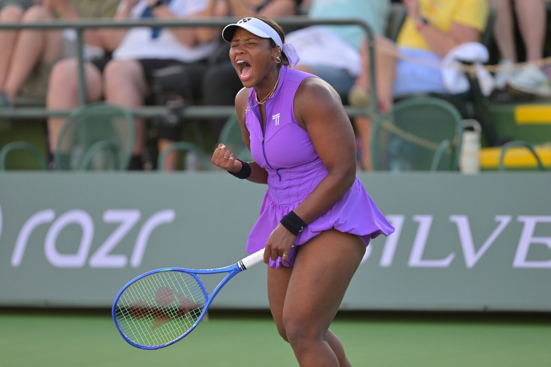 Taylor Townsend (USA) reacts after defeating Joanna Garland (TPE) during her qualifying match in the BNP Paribas Open at the Indian Wells Tennis Garden.