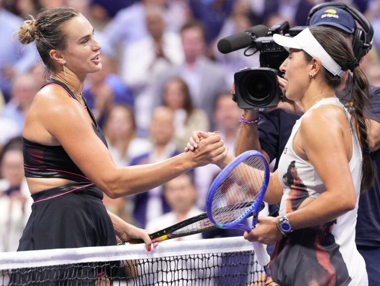 Aryna Sabalenka (left) after beating Jessica Pegula (USA) (right on day twelve of the 2025 U.S. Open tennis tournament at the USTA Billie Jean King National Tennis Center.