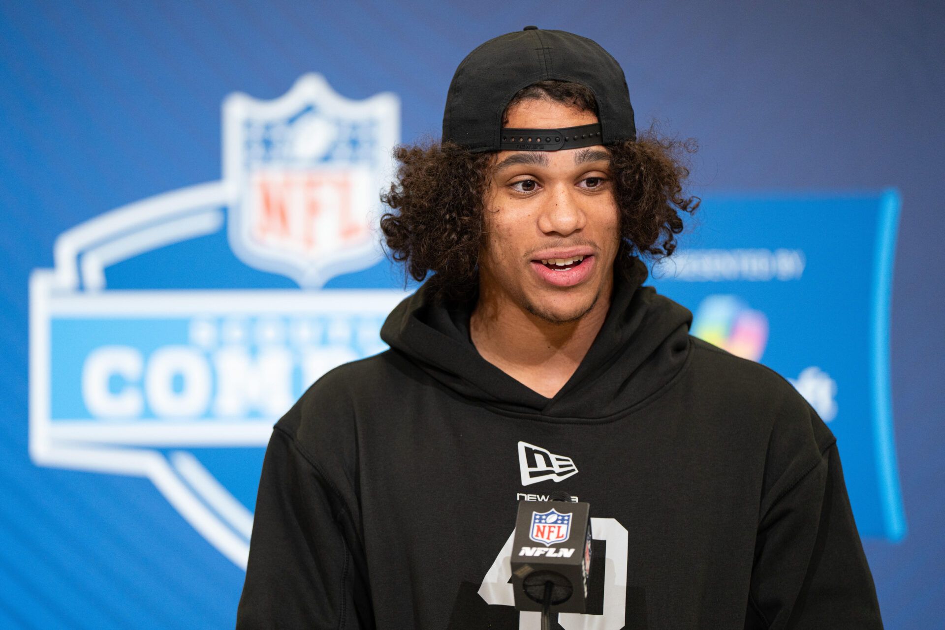 Arizona State wideout Jordyn Tyson (WO40) speaks to members of the media during the NFL Combine at the Indiana Convention Center.