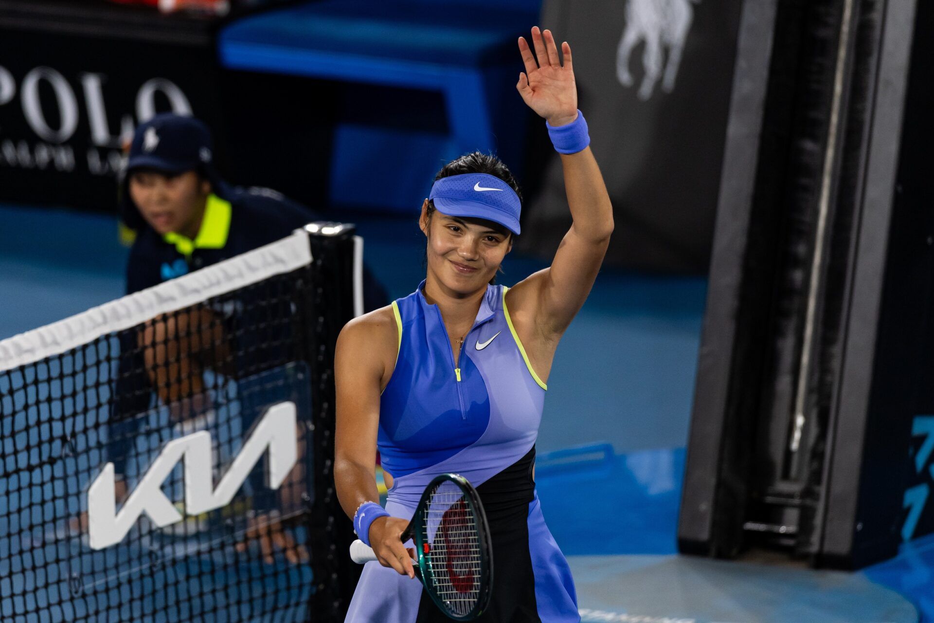 Emma Raducanu of United Kingdom celebrates her victory over Mananchaya Sawangkaew of Thailand in the first round of the women’s singles at the Australian Open at Margaret Court Arena in Melbourne Park.