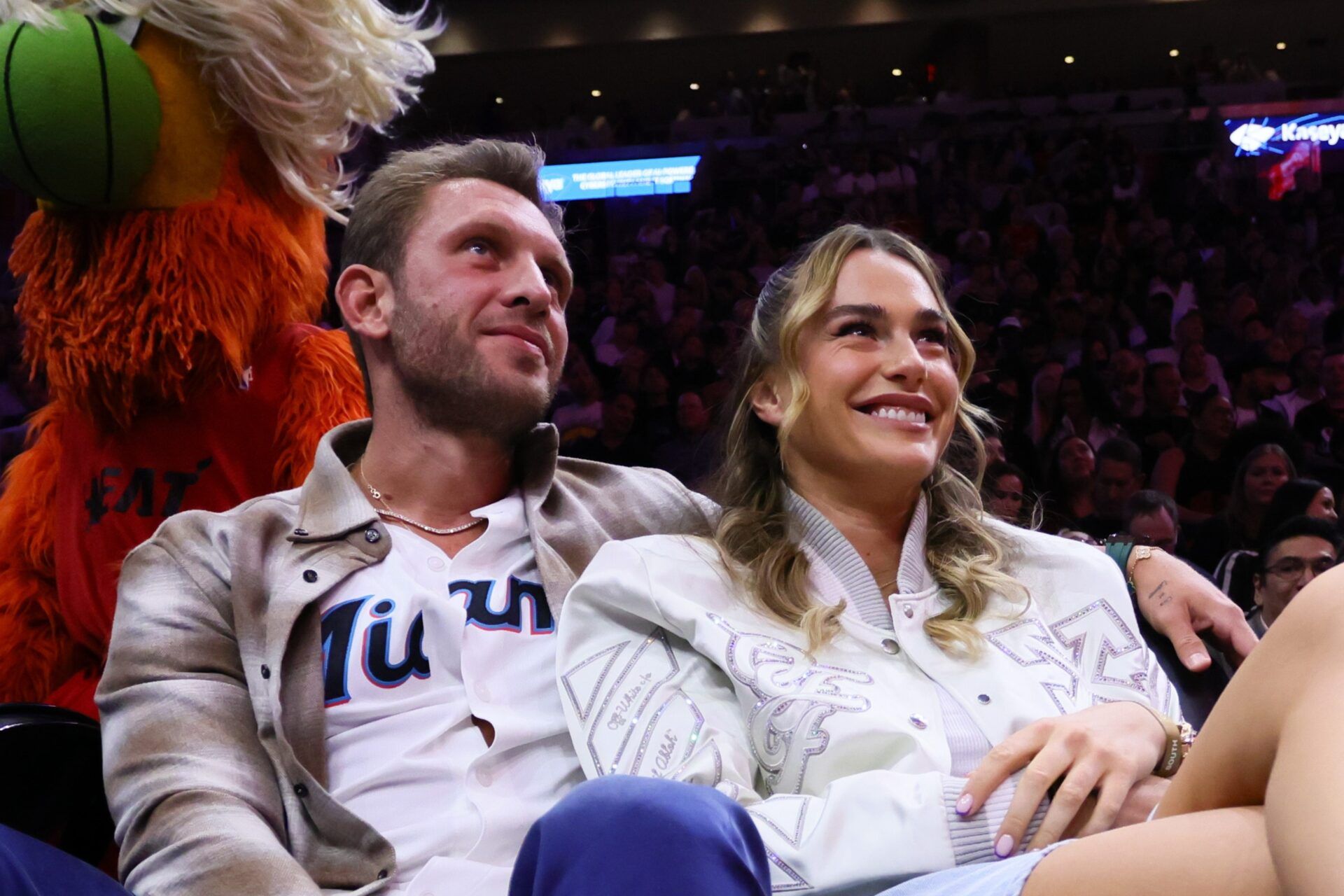 Aryna Sabalenka and Georgios Frangulis attend the game between the Miami Heat and the Philadelphia 76ers at Kaseya Center.