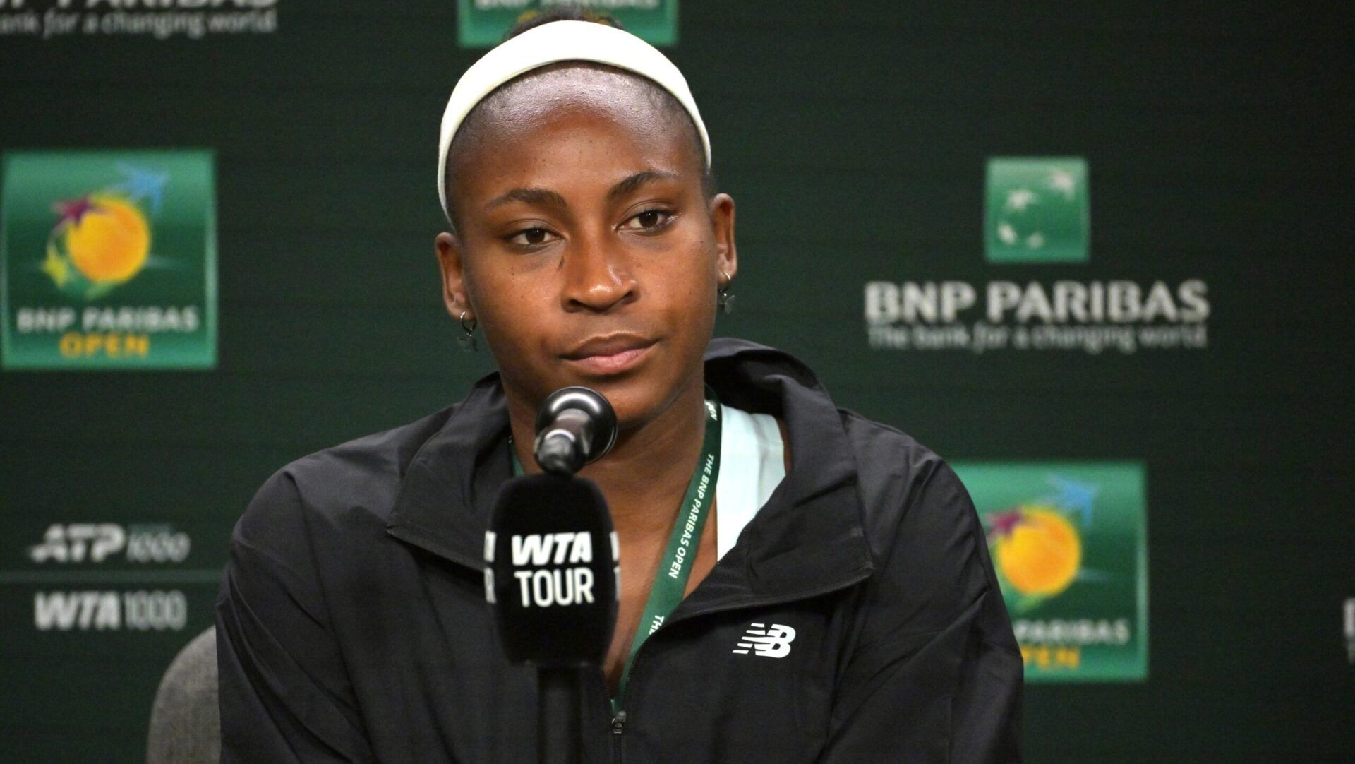 Coco Gauff (USA) speaks to the media at a news conference during the BNP Paribas Open at the Indian Wells Tennis Garden.