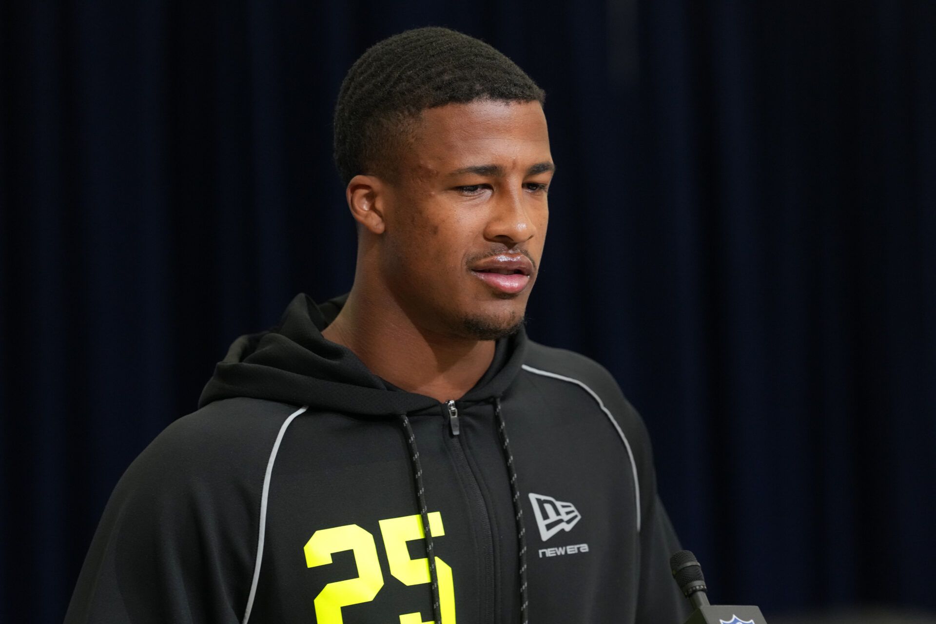 Ohio State linebacker Sonny Styles (LB25) speaks during the NFL Scouting Combine at the Indiana Convention Center.