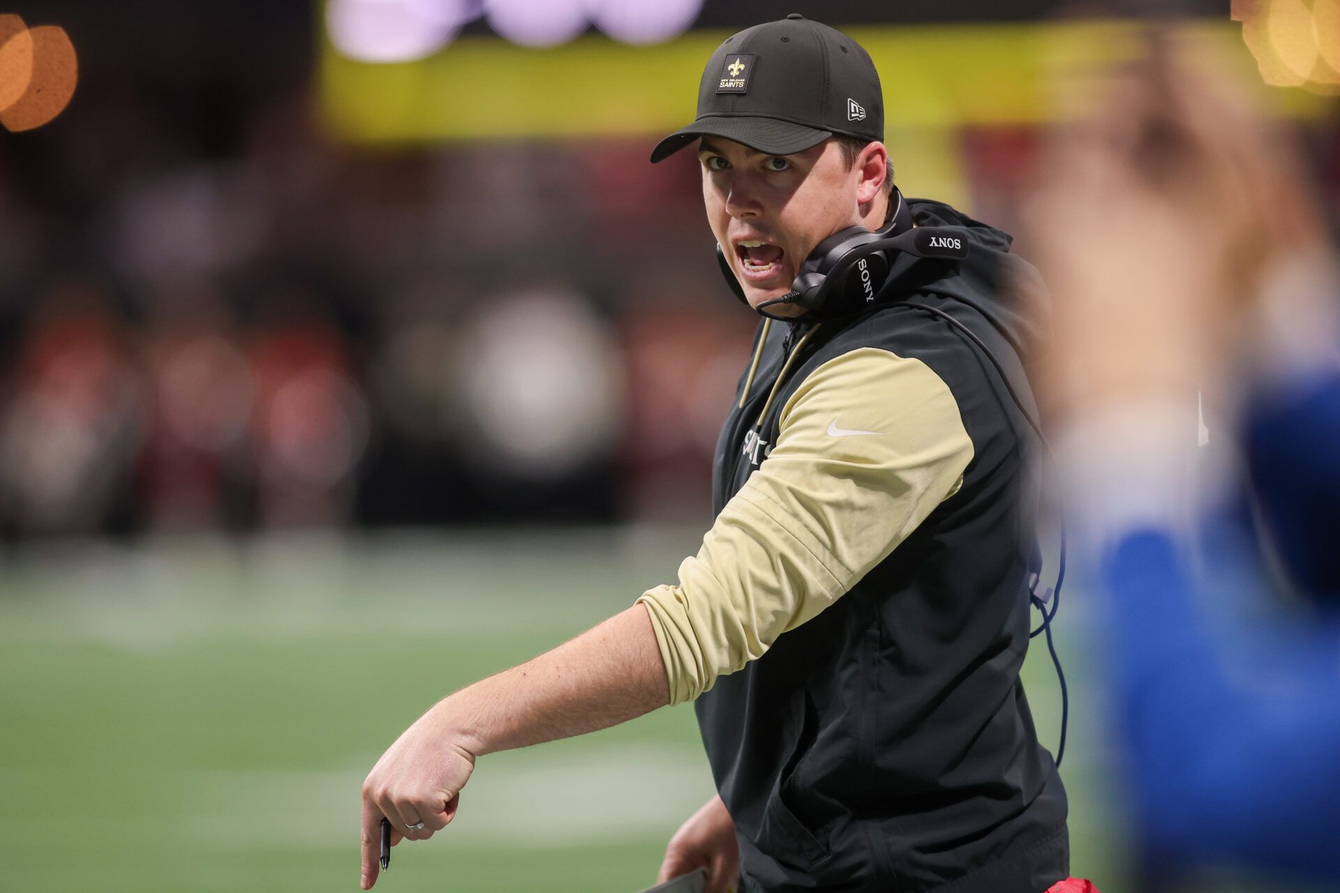 New Orleans Saints head coach Kellen Moore on the sideline against the Atlanta Falcons in the third quarter at Mercedes-Benz Stadium.