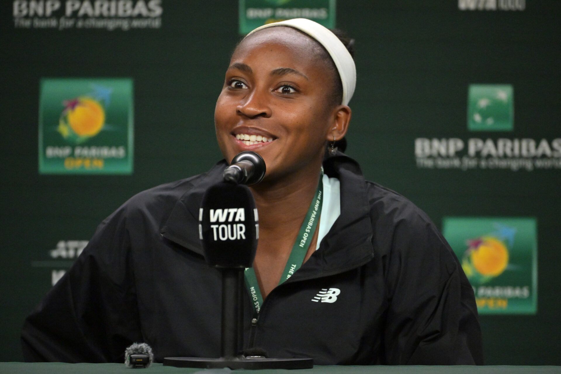 Coco Gauff (USA) speaks to the media at a news conference during the BNP Paribas Open at the Indian Wells Tennis Garden.