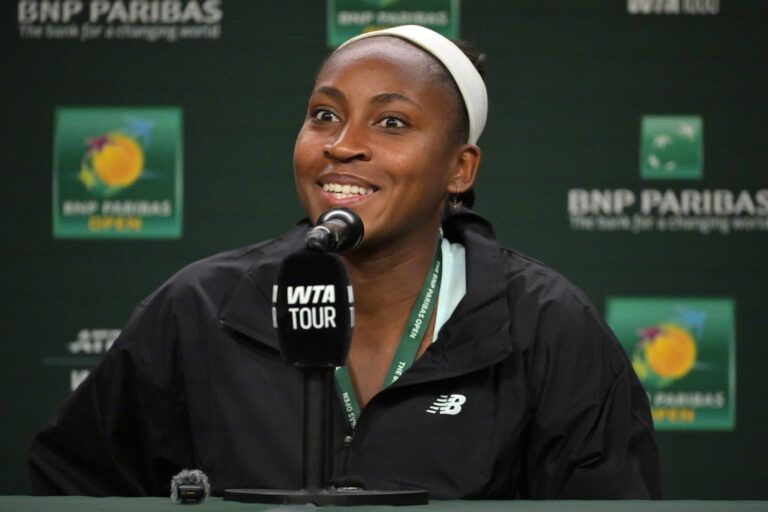 Coco Gauff (USA) speaks to the media at a news conference during the BNP Paribas Open at the Indian Wells Tennis Garden.