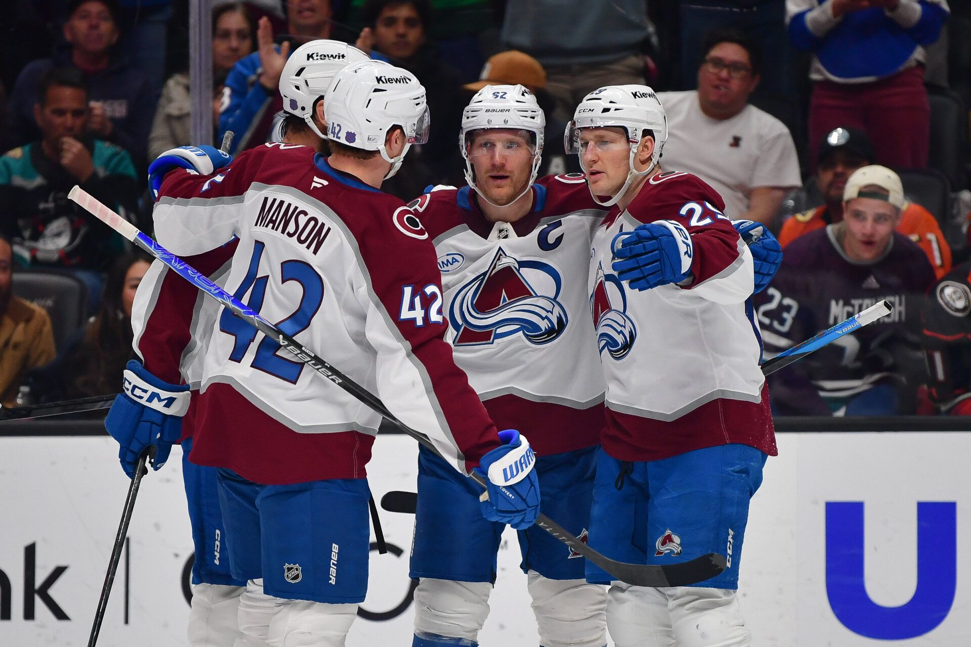 Colorado Avalanche celebrate the goal scored by left wing Gabriel Landeskog (92) against the Anaheim Ducks during the third period at Honda Center.