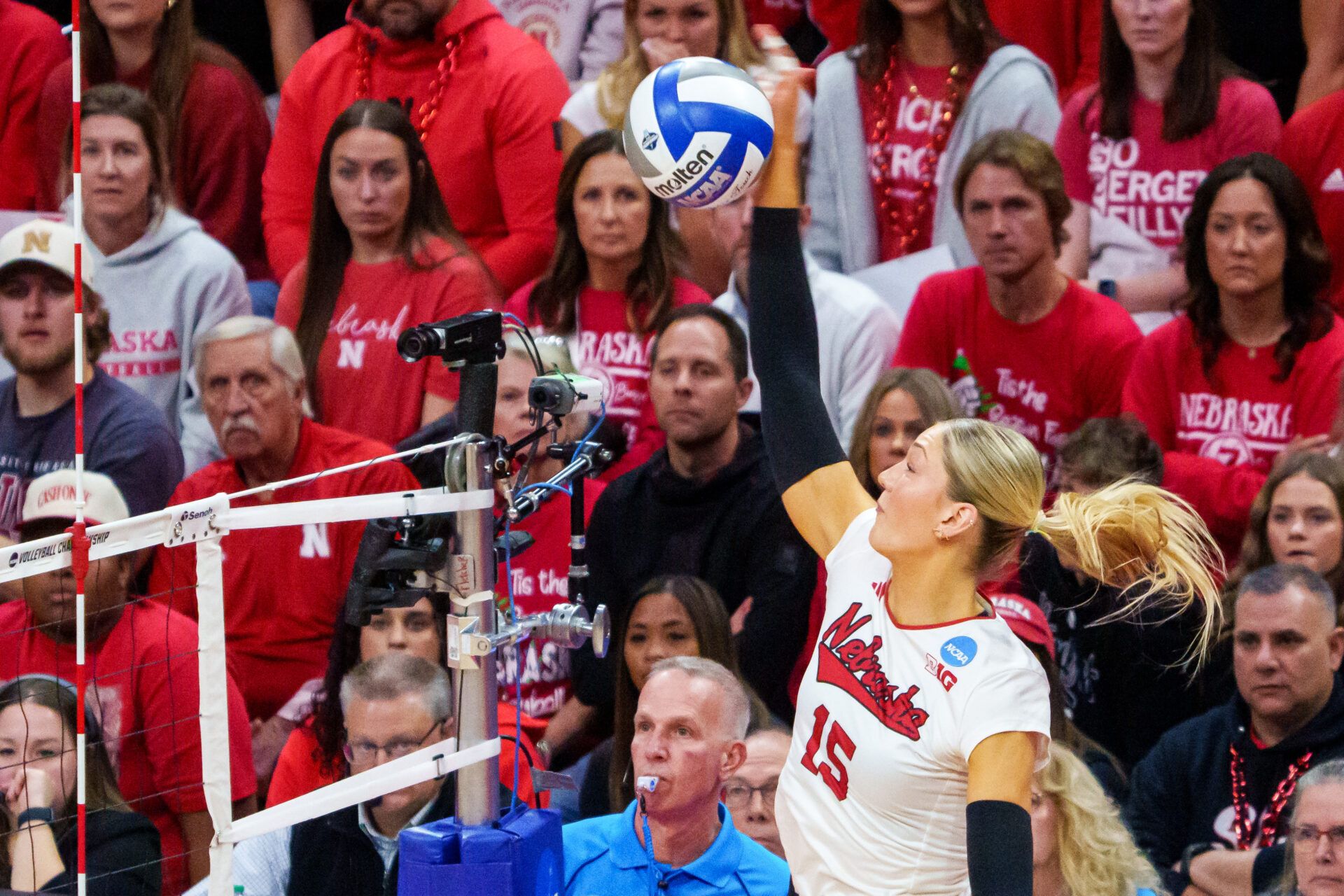 Nebraska Cornhuskers middle blocker Andi Jackson (15) attacks against the Texas A&M Aggies during the fourth set at Bob Devaney Sports Center.