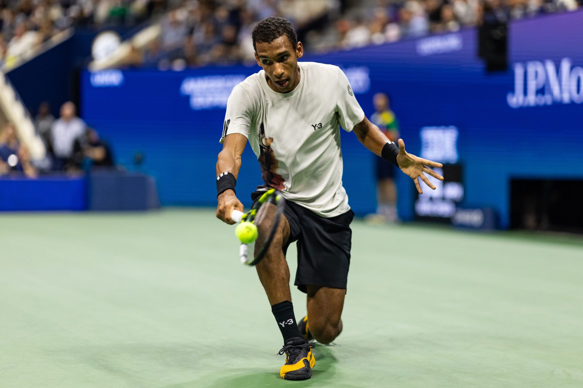 Felix Auger-Aliassime of Canada in action against Jannik Sinner of Italy in the semifinal of the men’s singles at the US Open at Arthur Ashe Stadium in Billie Jean King National Tennis Center.