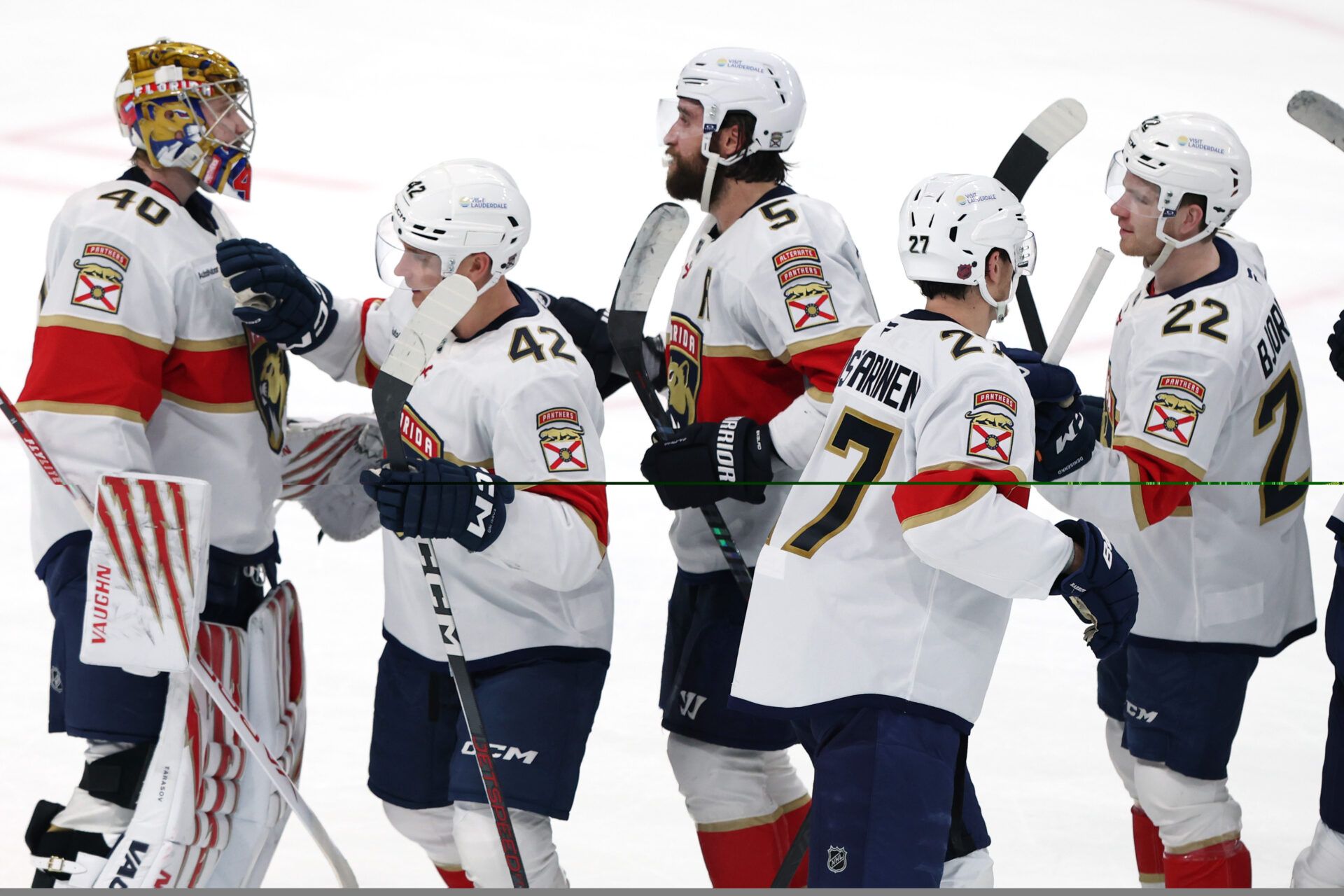Florida Panthers players celebrate their victory at Canada Life Centre.