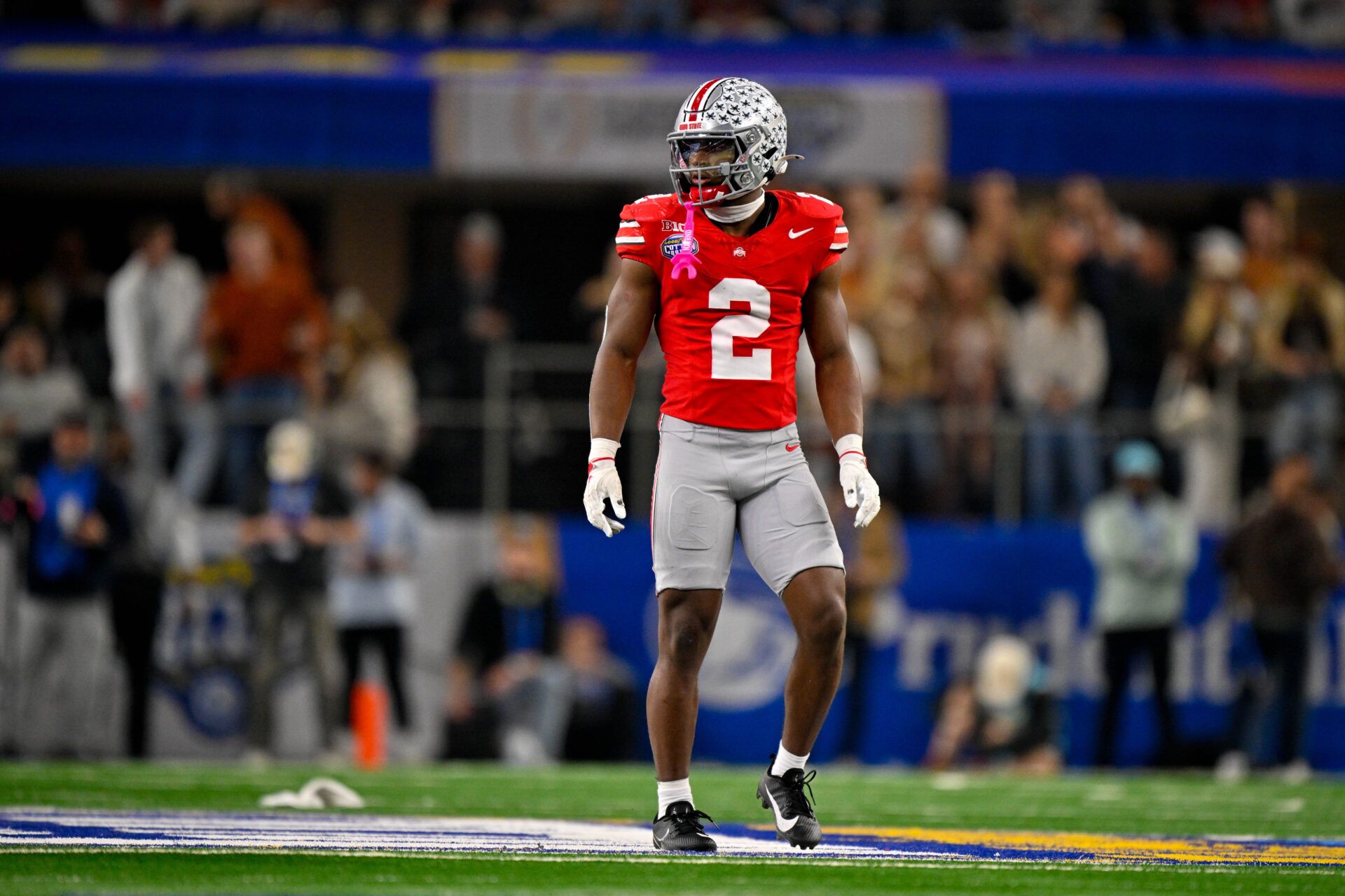 Ohio State Buckeyes safety Caleb Downs (2) in action during the game between the Texas Longhorns and the Ohio State Buckeyes at AT&T Stadium.