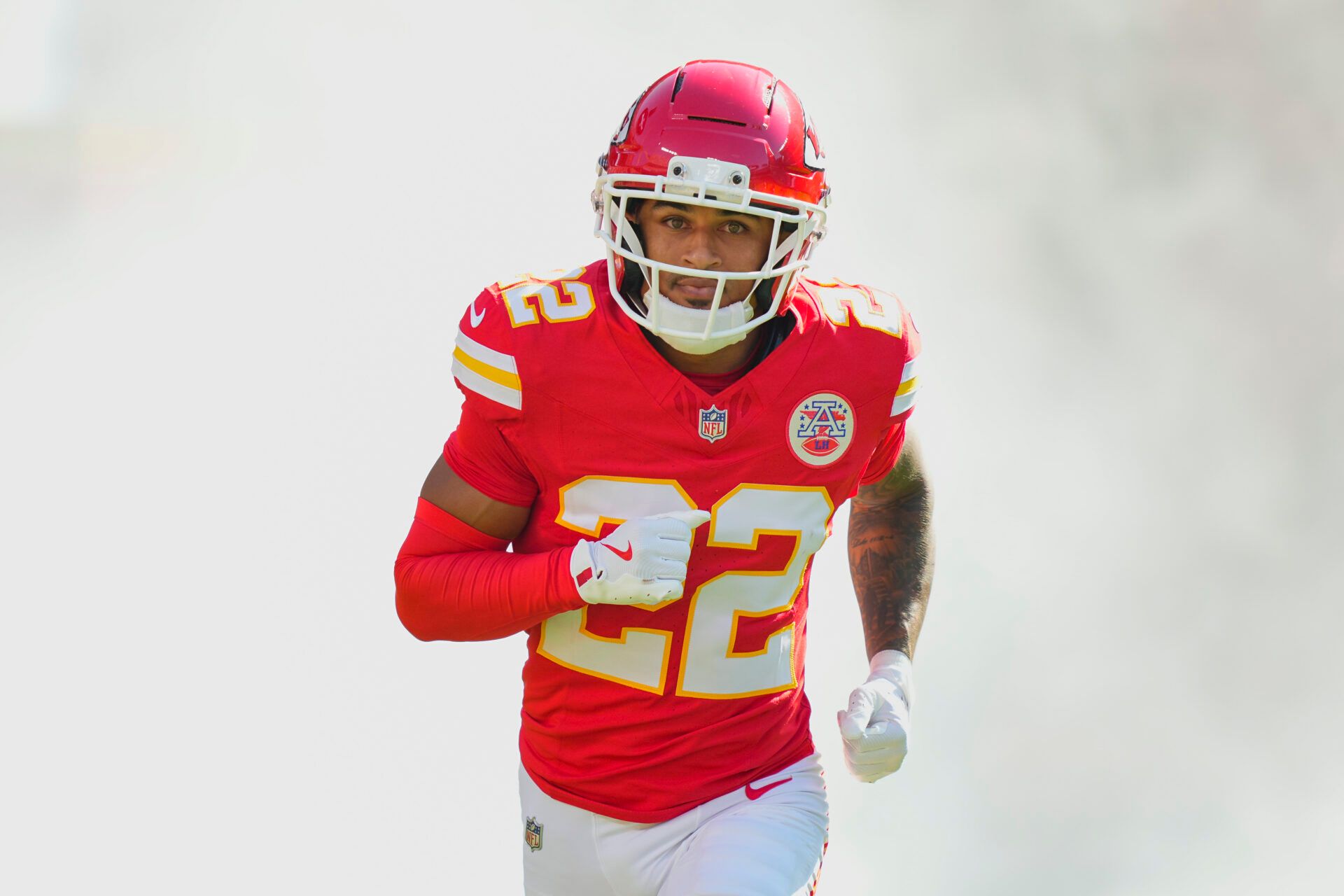 Kansas City Chiefs cornerback Trent McDuffie (22) takes the field prior to a game against the Baltimore Ravens at GEHA Field at Arrowhead Stadium.